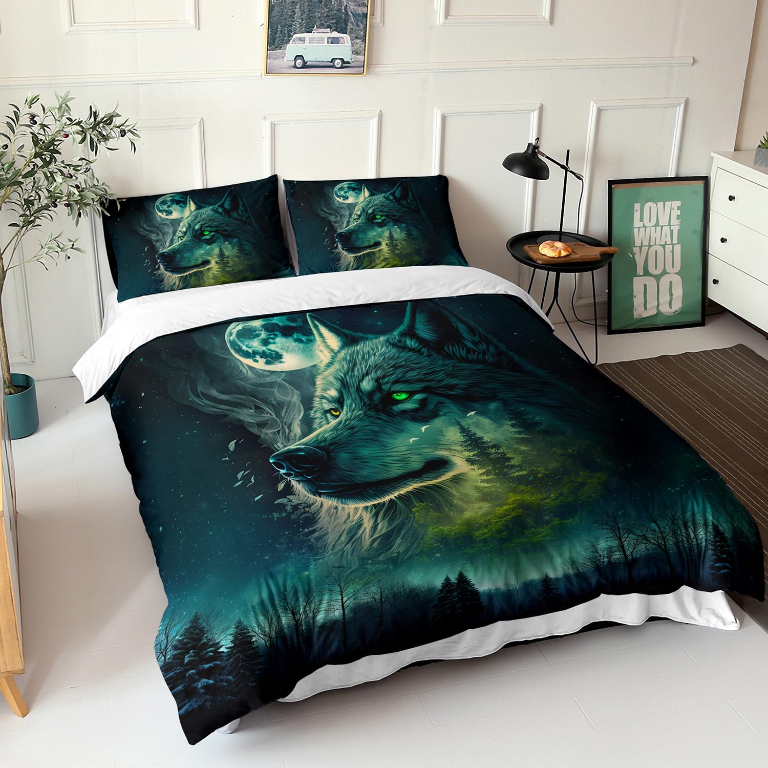 AILONEN 3D Moon Wolf Duvet Cover Set, Full Size, Starry Night Galaxy Comforter Cover, 1 Quilt Cover and 2 Pillowcases, 3PCS