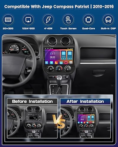 Miniatura 2 de Roinvou Estéreo Android CarPlay 2+32G para Jeep Compass Patriot 2010-2016, pantalla táctil de 10.1 pulgadas, navegación GPS en el salpicadero con