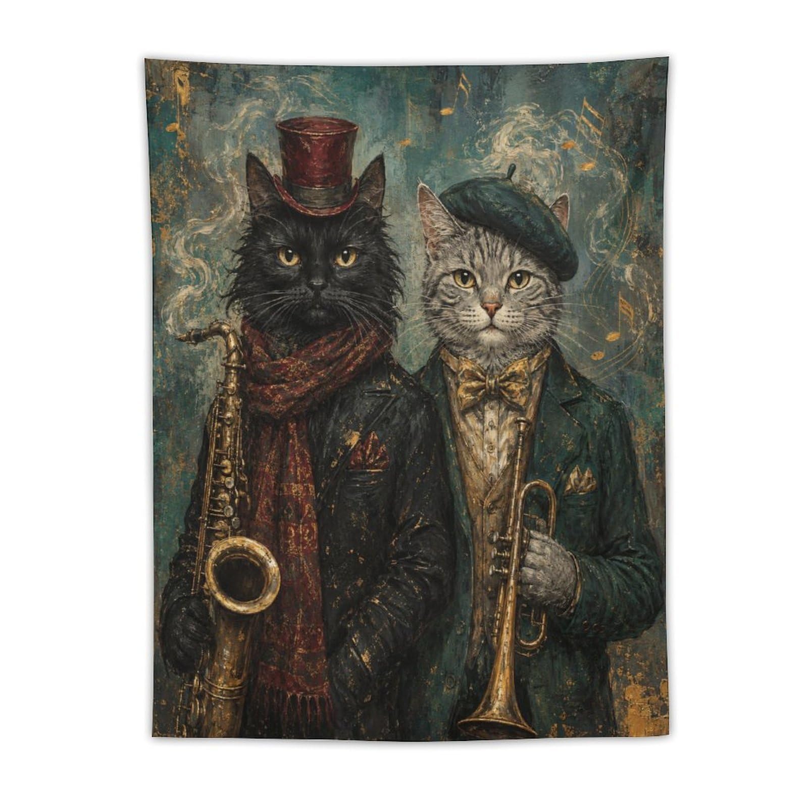 W7C8U2X3 Vintage Musician Cats Wall Tapestry, Whimsical Animal Art