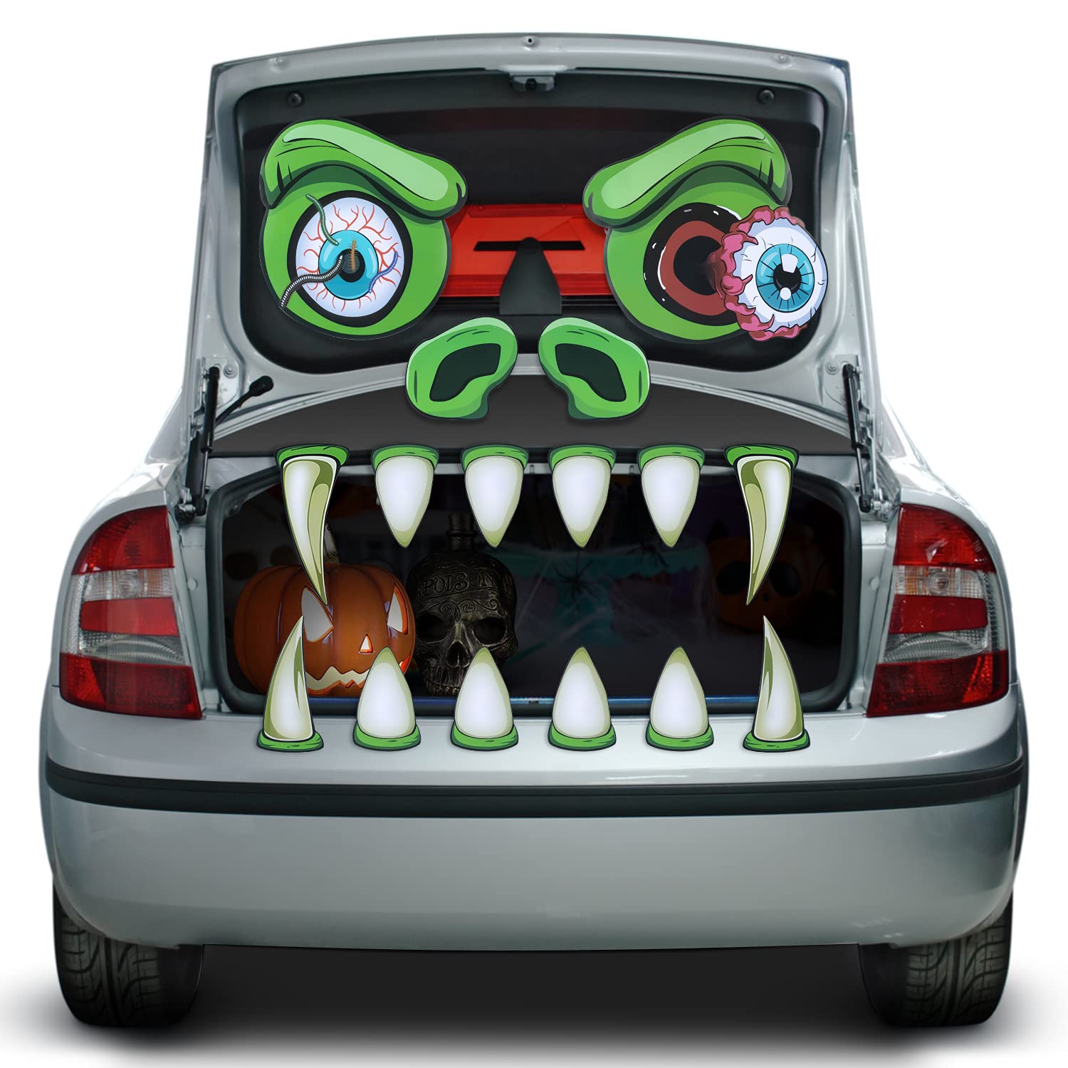 Halloween Monster Trunk or Treat Car Decoration with Eyes Fangs Nostrils Door Archway Garage Car Decorations Mad Monster Face Scary Zombie Haunted For Halloween House Home Funny Outdoor Party Supplies