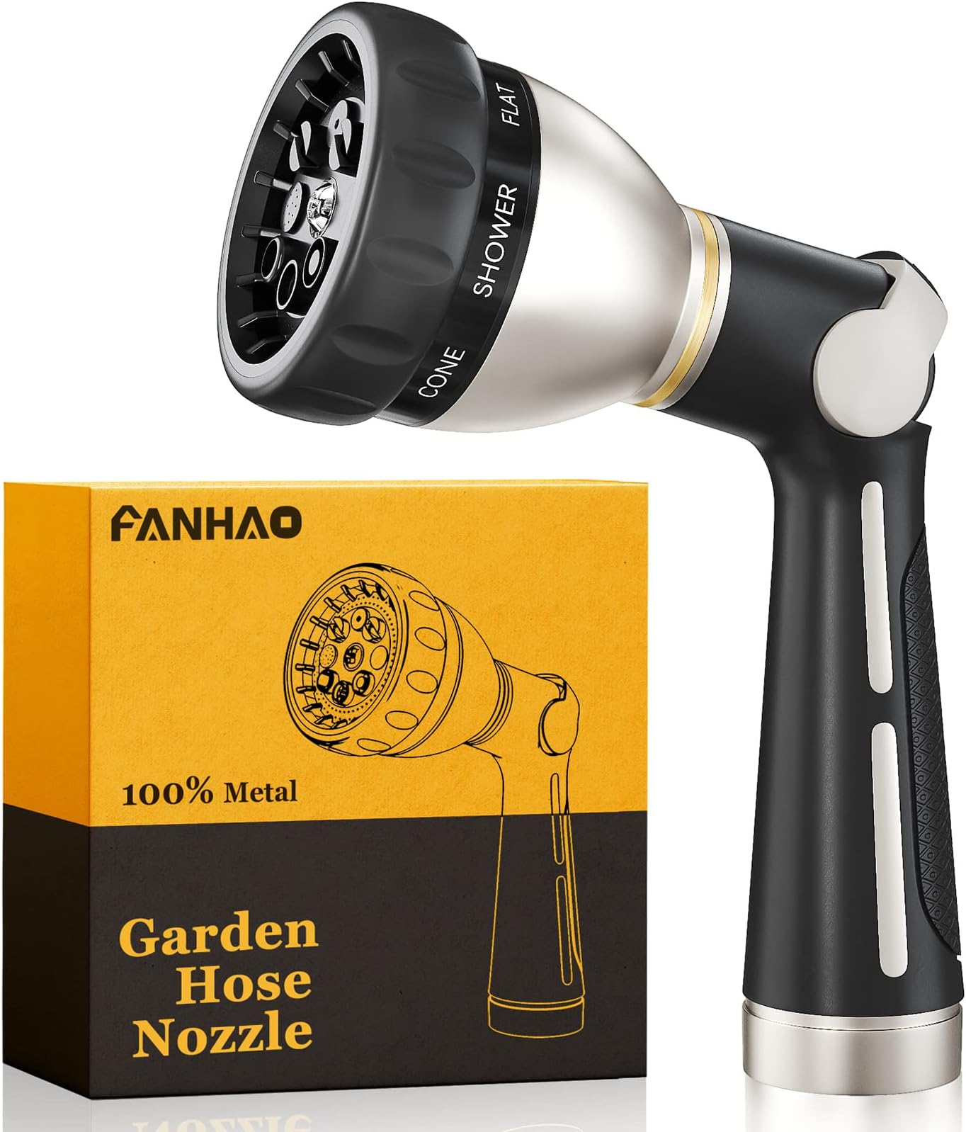 - FANHAO Garden Hose Nozzle 100% Heavy Duty Metal, Water Hose Sprayer High Pressure with 8 Spray Patterns, Thumb Control, On Off Valve for Garden Watering, Car and Pet Washing