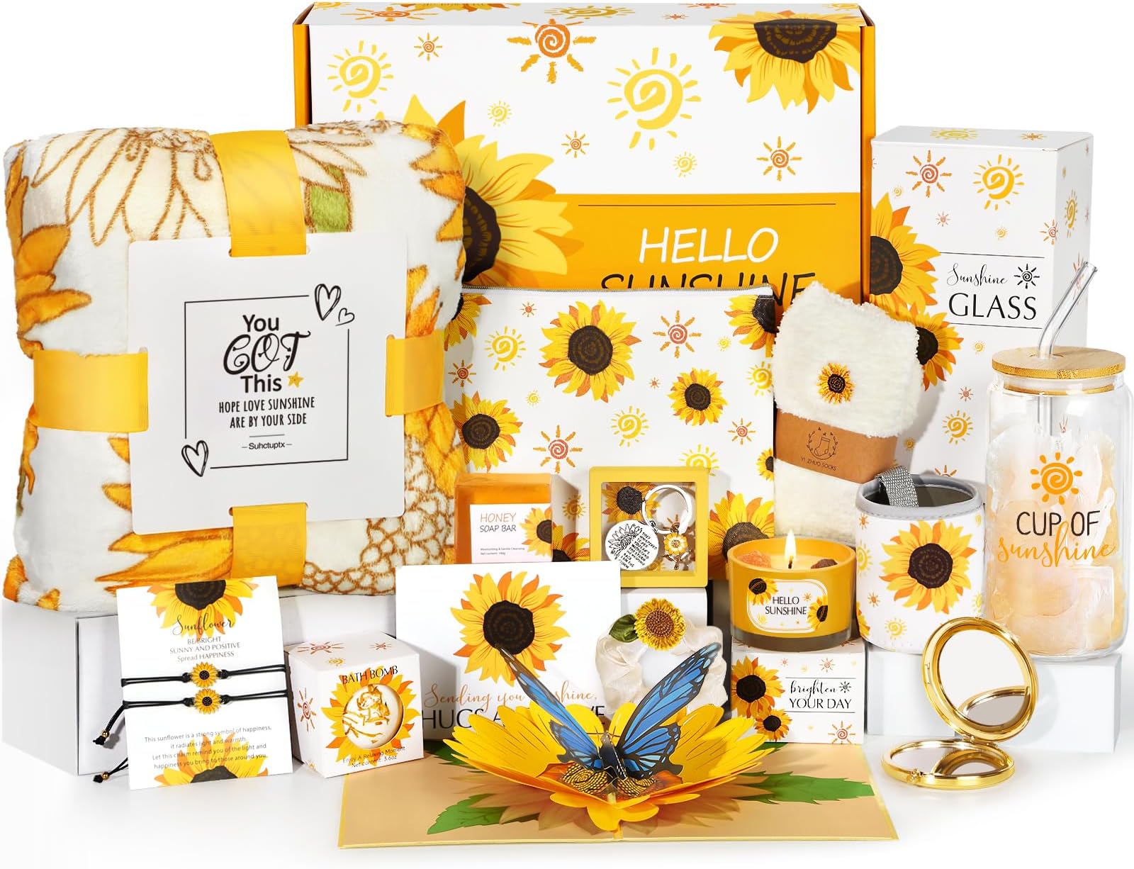 Sunflower Gifts for Women - 15 pcs Unique Birthday and Basket, Get Well Soon Care Package, Inspirational Box for Her, Mom, Sister, Best Friends (Yellow)