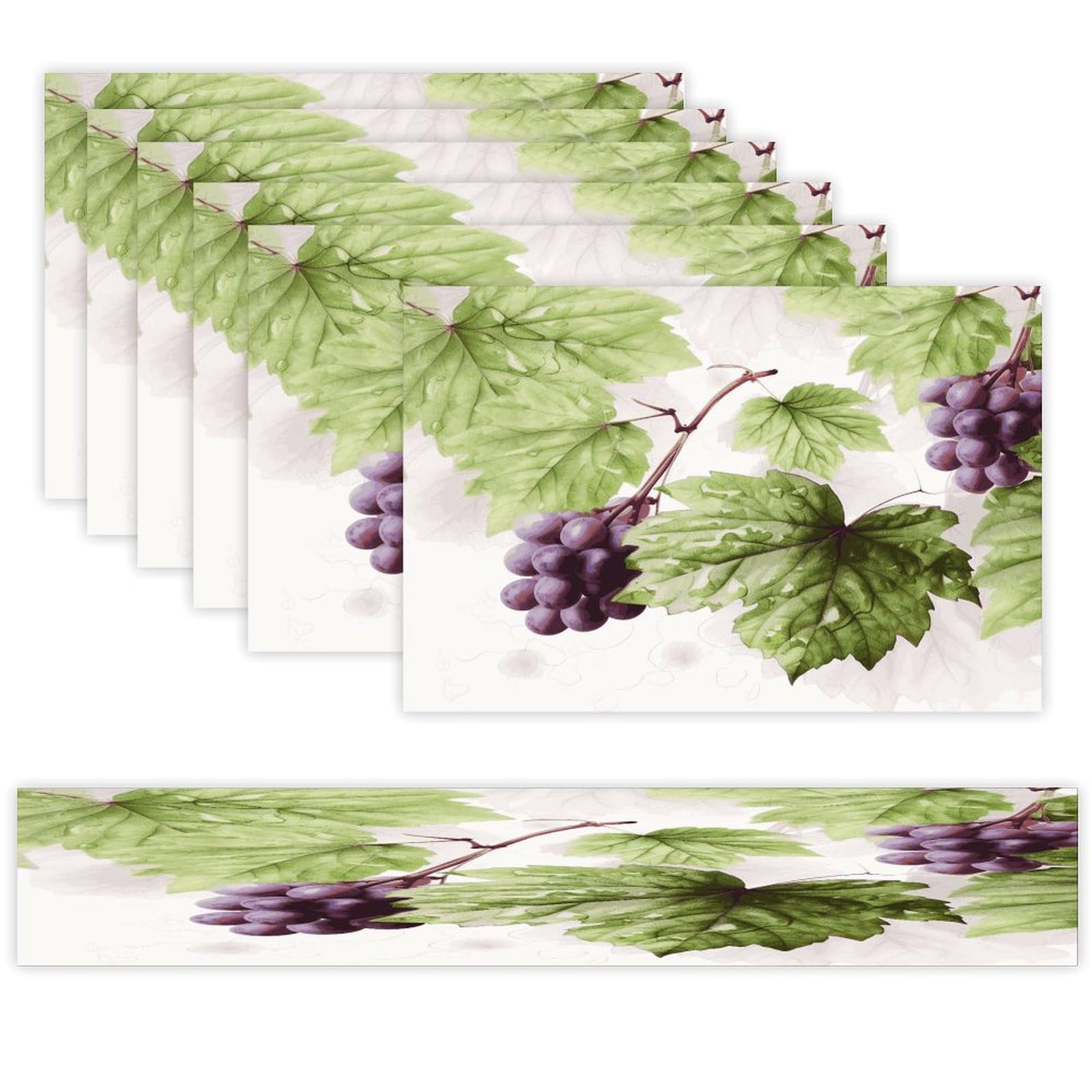 Beautiful Grape Leaves Table Runner and Placemats Set of 6 for Kitchen Washable Table Mats Heat Resistant Place Mats Non-Slip Place Mat Wipeable Placemat(6 Placemats+1 Table Runner)