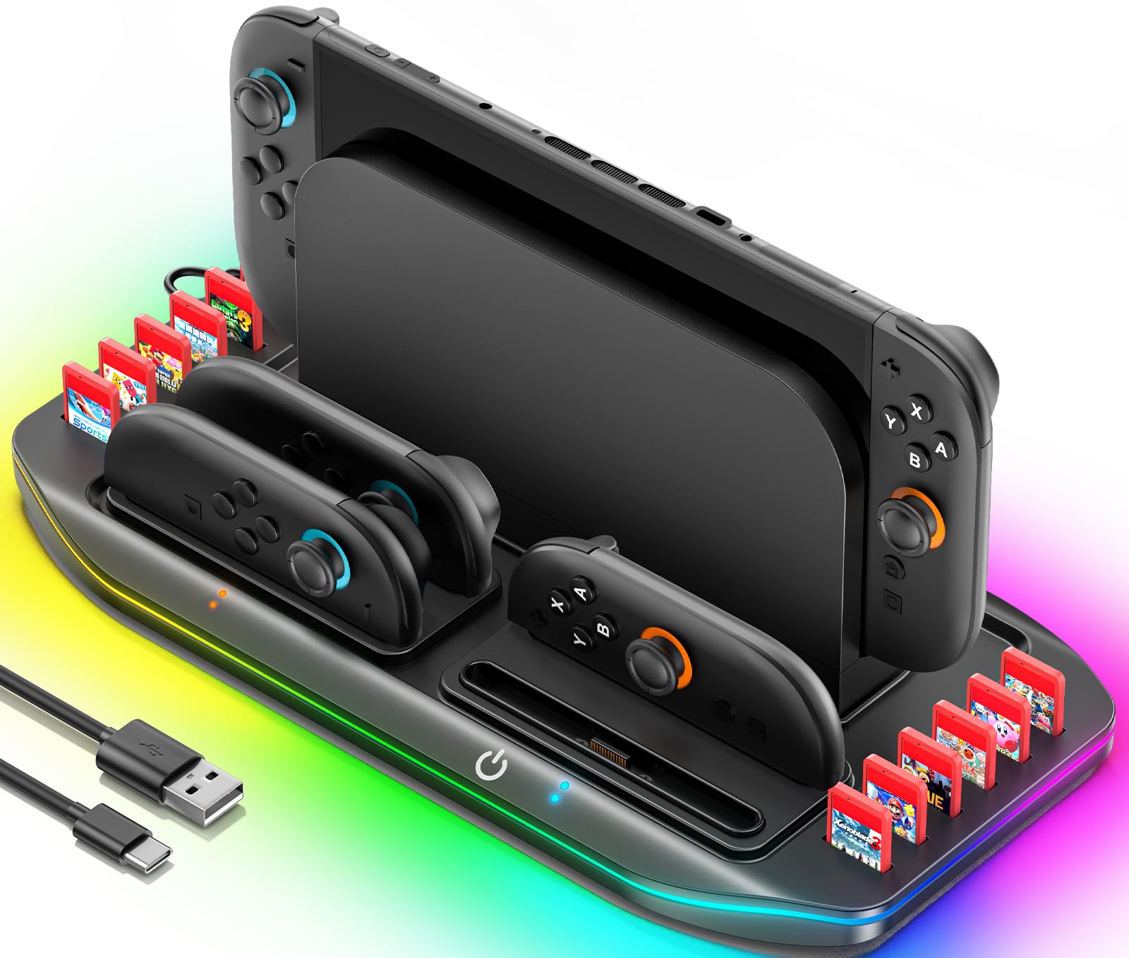 Stazione di Ricarica per Switch 2 per 4 Controller Joy-Con 2, Base per Nintendo Switch 2 può Contenere Dock TV Switch2 & 12 Cartucce di Gioco, Organizer per Accessori Switch2