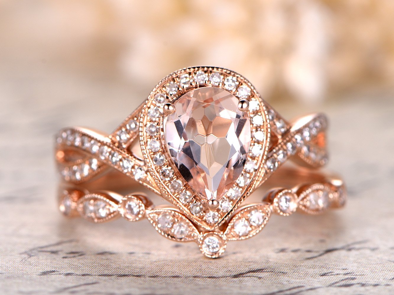 Morganite Anniversary Ring Set 6x8mm Pear Natural Pink Morganite