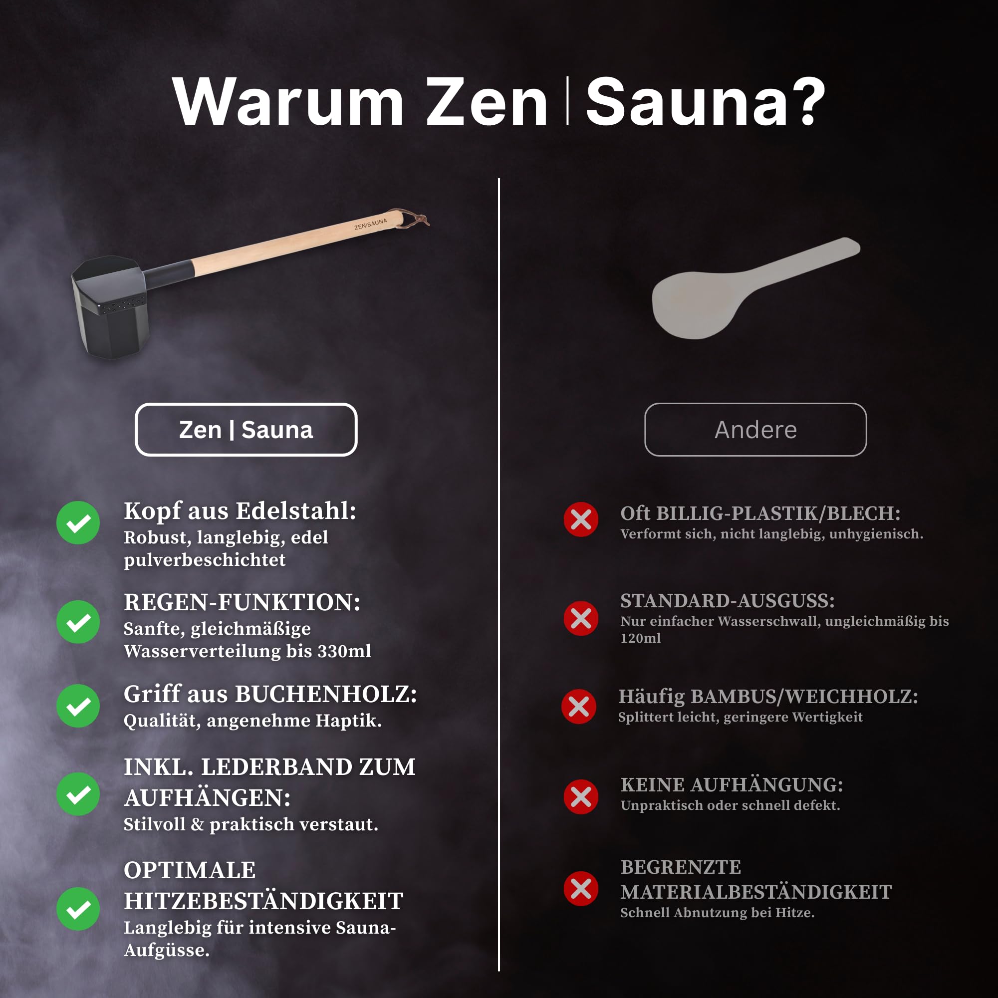 Saunakelle aus Edelstahl und Holz mit Regen-Funktion 330ml Zubehör für Sauna & Gartensauna