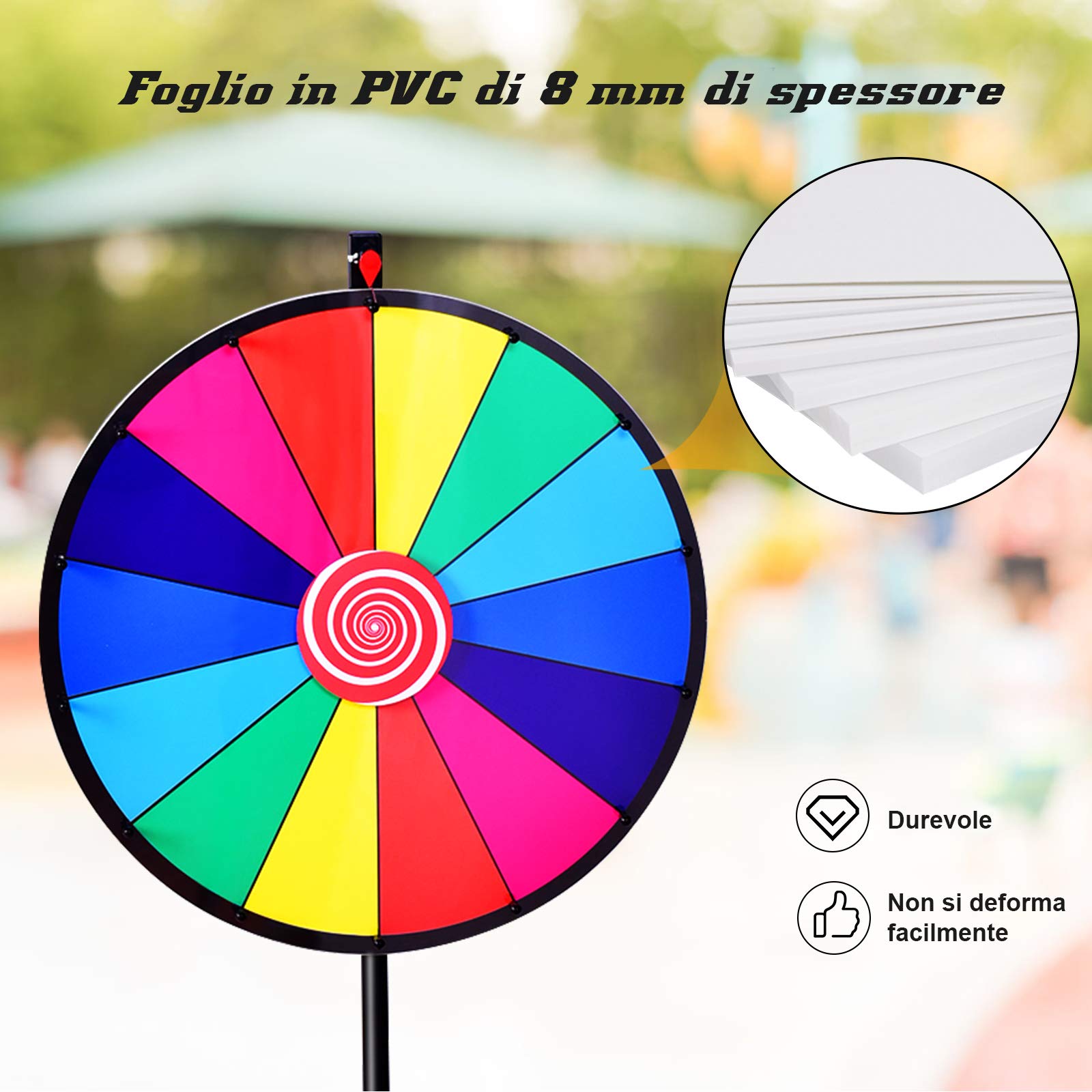RELAX4LIFE Ruota della Fortuna 60 cm/24’’ da Terra con Altezza Regolabile 111-157cm, 14 Slots Colorate, Scrivibili, Cancellabili,Pennarello e Cancellino, Base in Treppiedi, 2 Indicatori da Ricambio