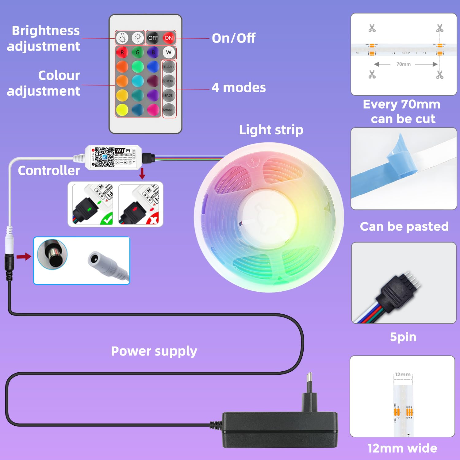 LED COB Ruban RGBW 24V 5M dimmable avec télécommande et bloc d'alimentation Bande RGB + blanc chaud 3000 K, haute densité 784 LED/m, contrôlable via application, compatible avec Alexa et Google Home