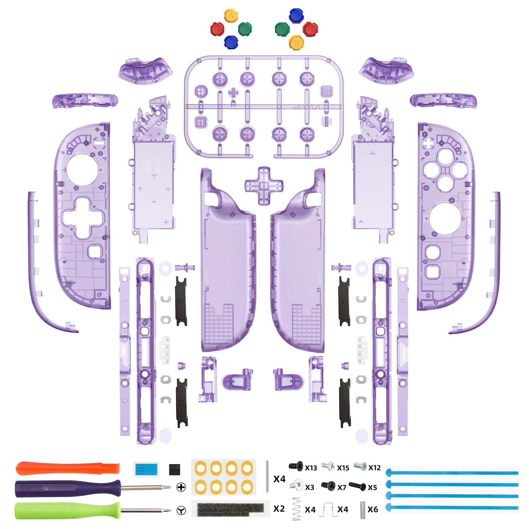 eXtremeRate D-Pad Ver. Gehäuse & Tasten Zubehör für Switch 2 Joycon, Deluxe-Version DIY-Ersatz Full Hülle/Zierstreifen/Mittel Rahmen/Buttons Set für Nintendo Switch 2 Joy Con-Transparent Lila