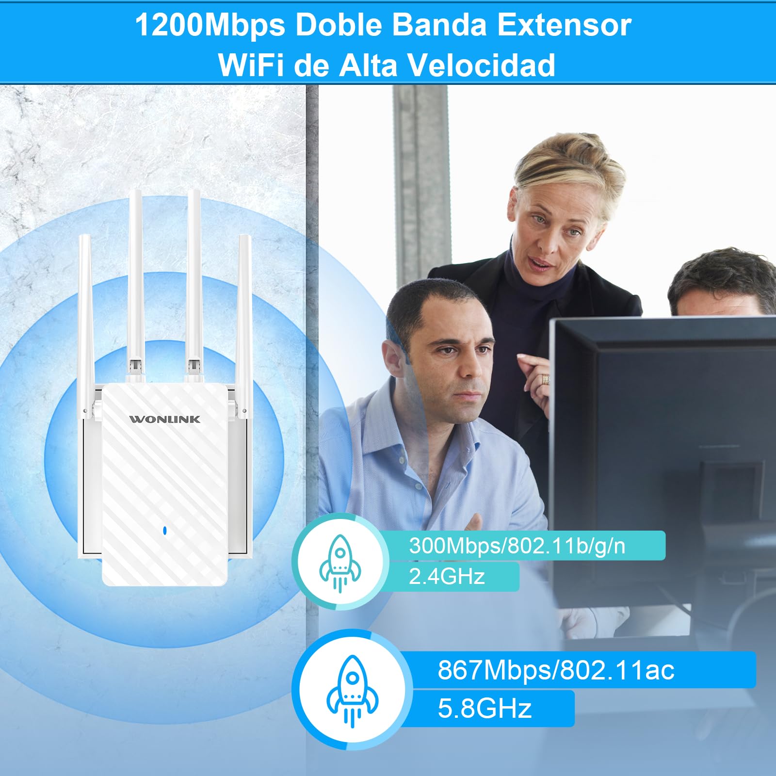 Repetidor WiFi, 1200Mbps Amplificador Señal WiFi Doble Banda 5G/2.4G con 4 Antenas Externas, 3 Modos(Repetidor/Router/Ap), Puerto Ethernet, WPS/MU-MIMO, Luz Indicadora, Interior, Enchufe EU