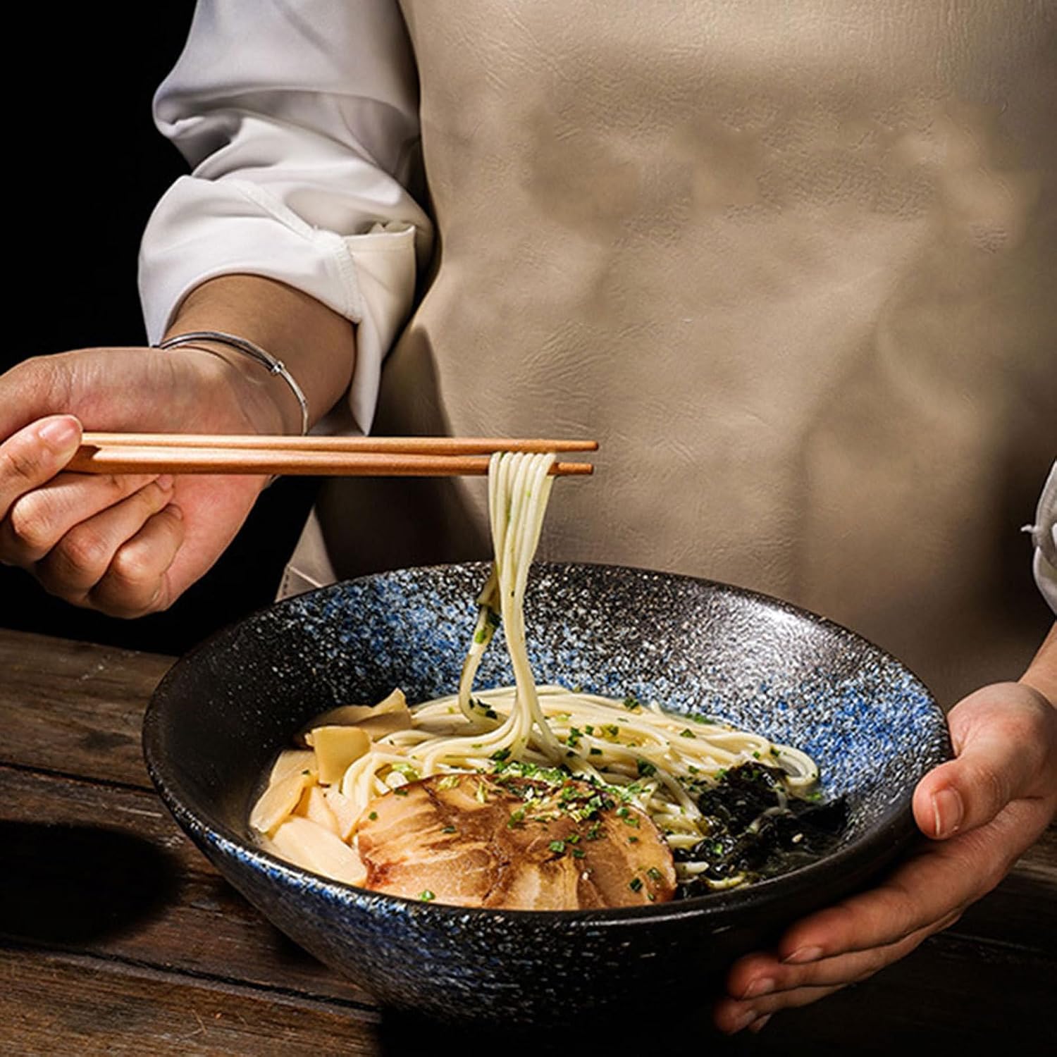 YARNOW Japanese Style Ceramic Ramen Noodles Bowl for Hot or Cold Meals, Blue Tableware Bowl Long Serving Time and Convenient Practical Design for Kitchen and Dining