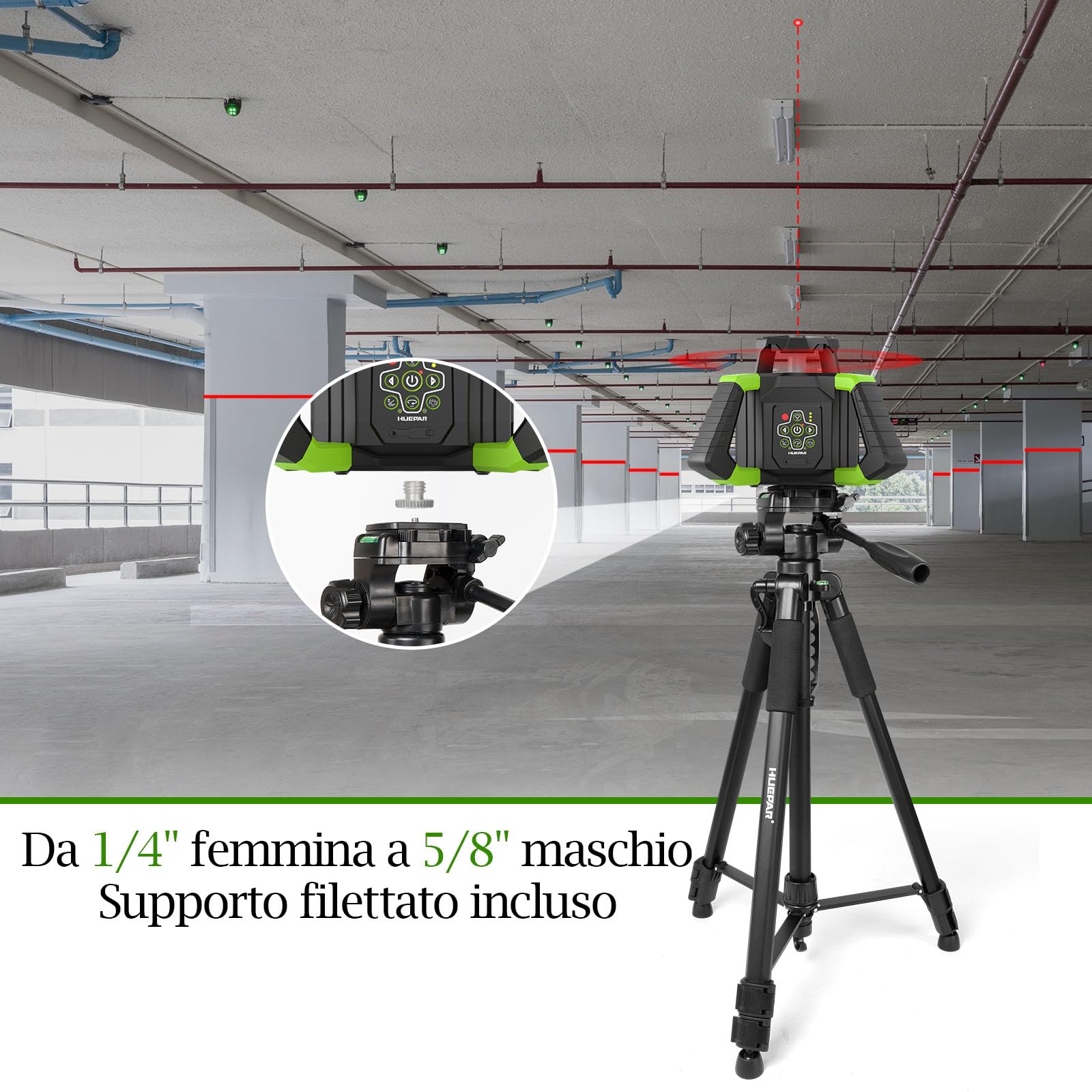 Treppiede in alluminio per livella laser Huepar da 1.72m, livella a bolla integrata, attacco vite da 1/4 di pollice e dado adattatore UNF da 5/8 di pollice, incluso custodia da trasporto