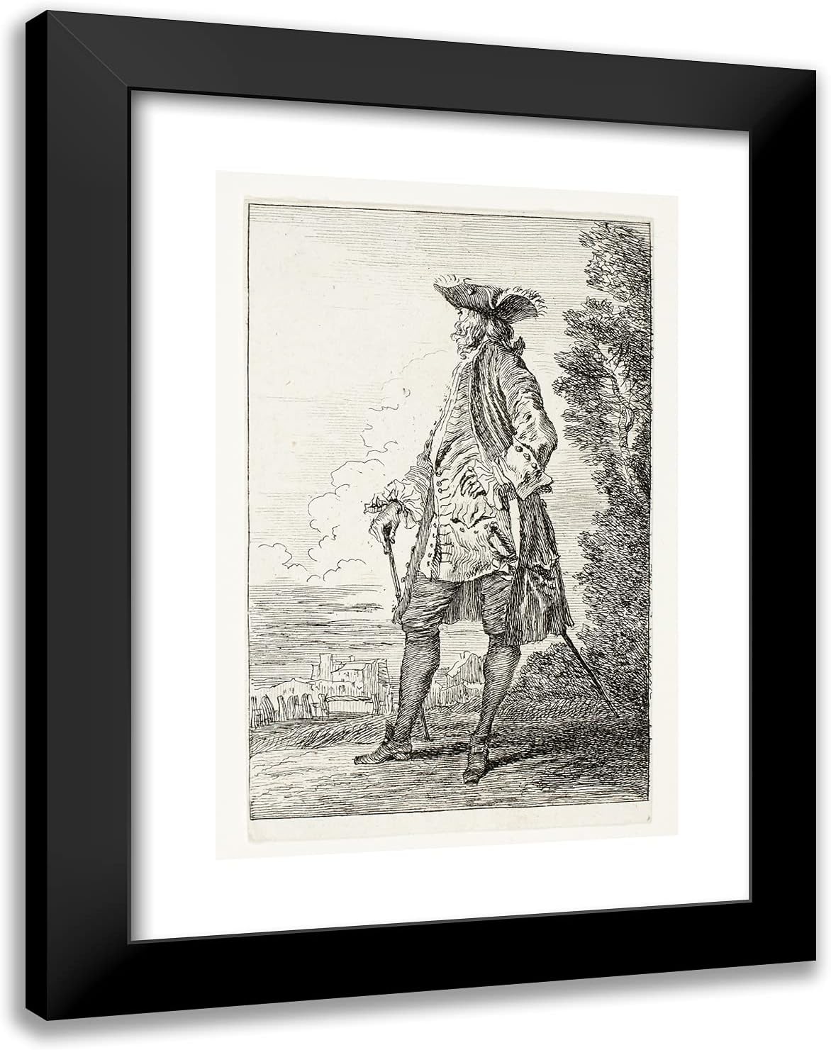 ArtDirect Jean Antoine Watteau 18x24 Black Modern Framed and Double Matted Art Print Titled Gentleman, Side View with Hat
