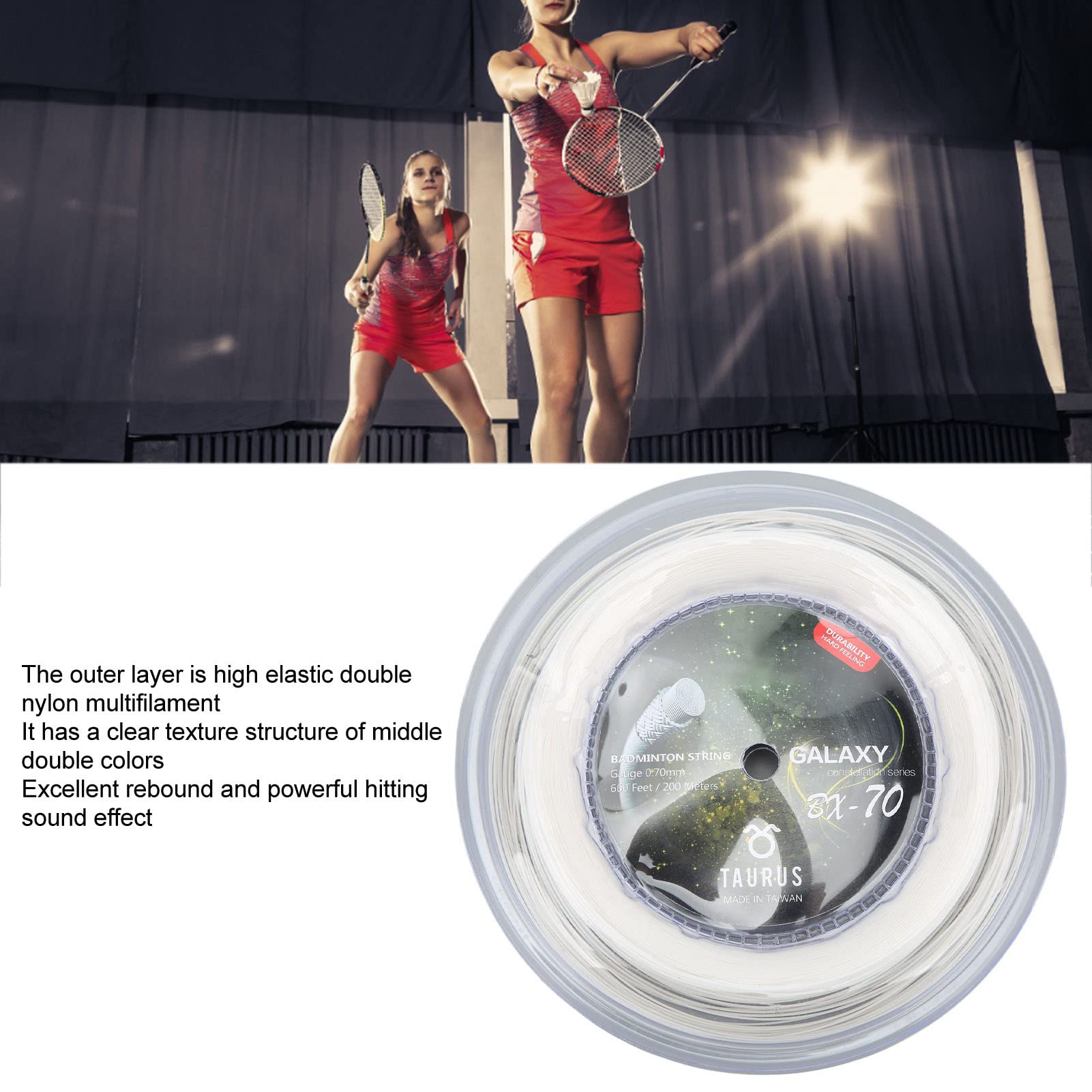 Keenso Cuerda de Raquetas de Bádminton POWERTI BX70, Cuerda de Raqueta de Bádminton de Nailon de Alta Elasticidad, Cuerda de Bádminton de 0,7mm, Carrete de 200m (Blanco)