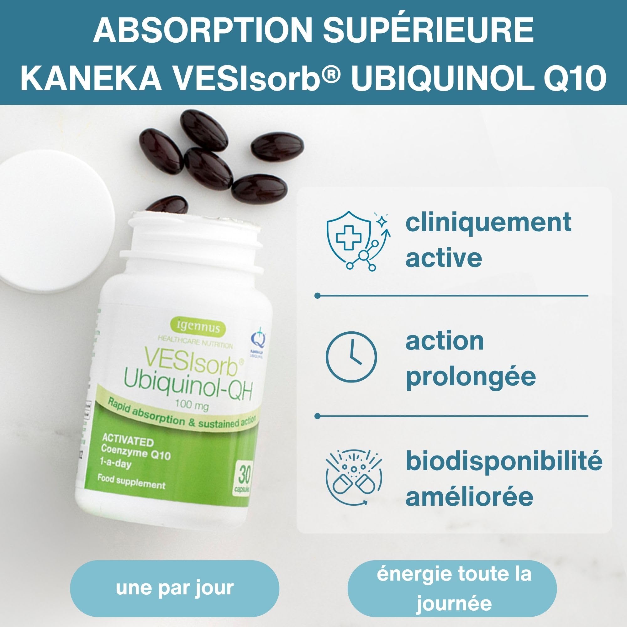Igennus Vesisorb Ubiquinol Kaneka CoQ10 100mg Absorption Maximale 30 Molles | Biodisponibilité 600% Supérieure, Formule Hydrosoluble à Action Rapide