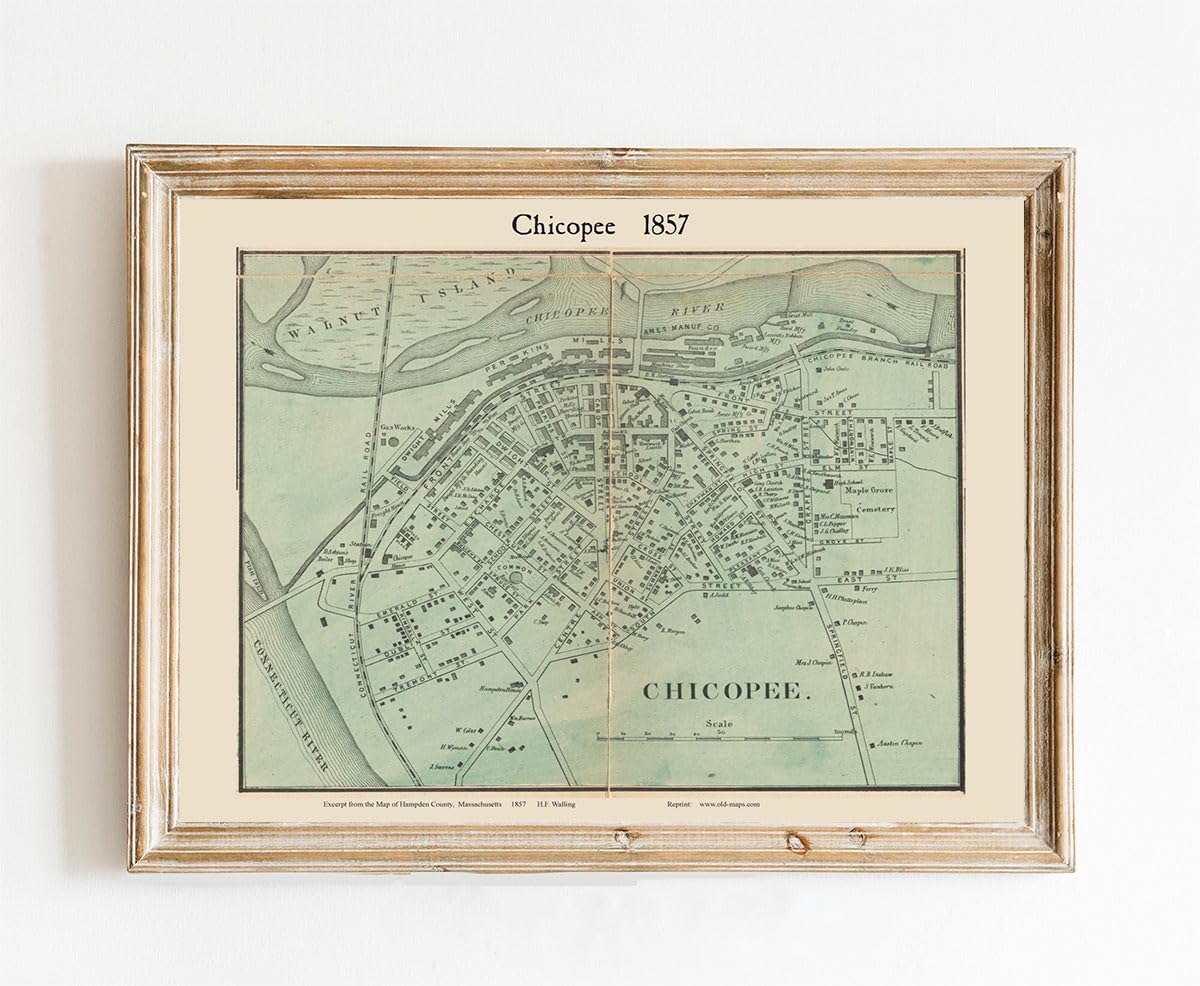 Historic Map Poster of Chicopee Village 1857 Massachusetts Hampden County MA | 11x17 12x18 16x24 24x36 Unframed Print Wall Art | Vintage Antique