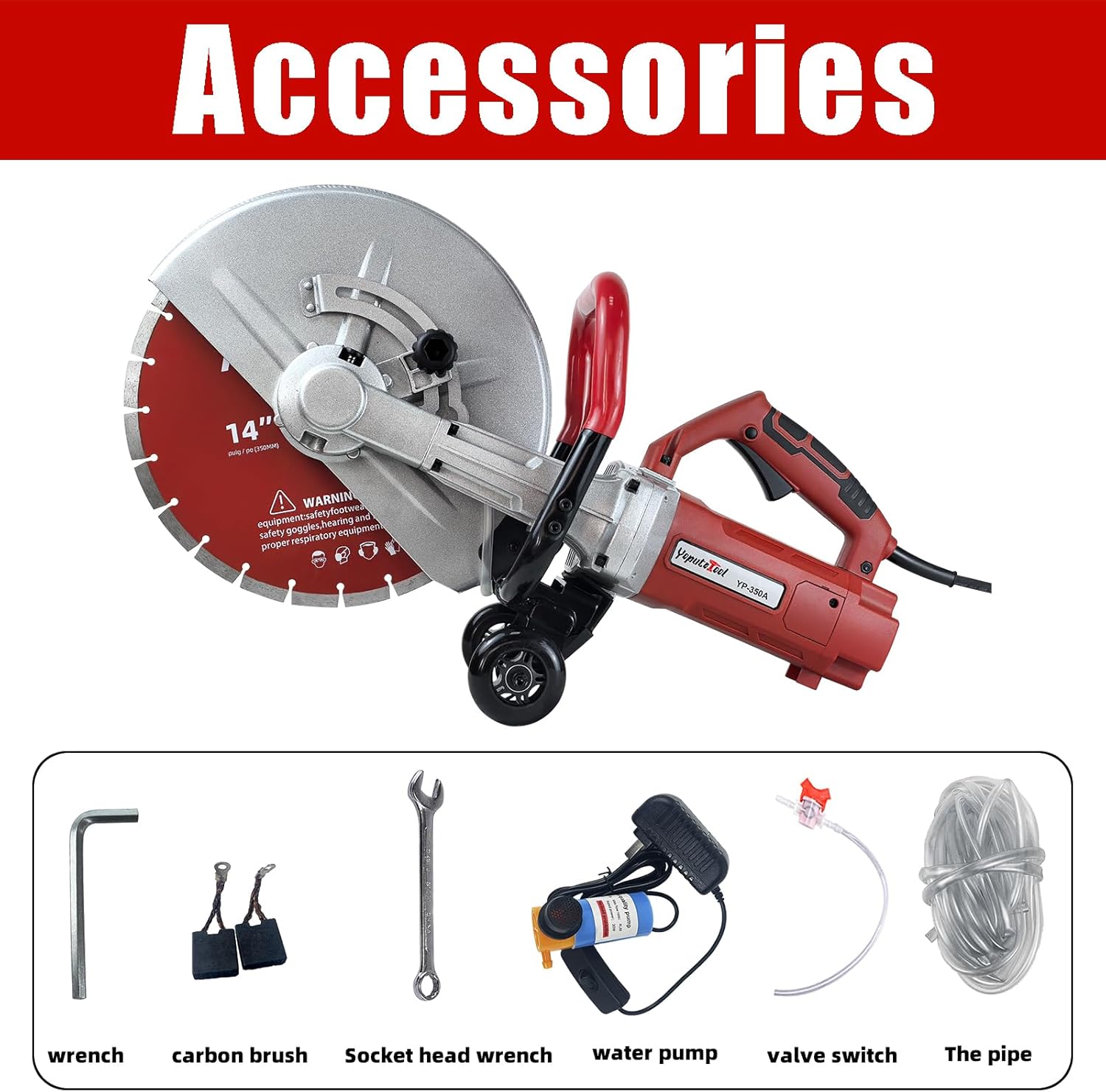 Electric 14 in Circular Saw Cutter with 4.8 in Cutting Depth, Wet/Dry Disk Saw Cutter Includes Water Line, Pump and Blade, for Stone, Brick, Porcelain, Concrete, 3500w cutting machine