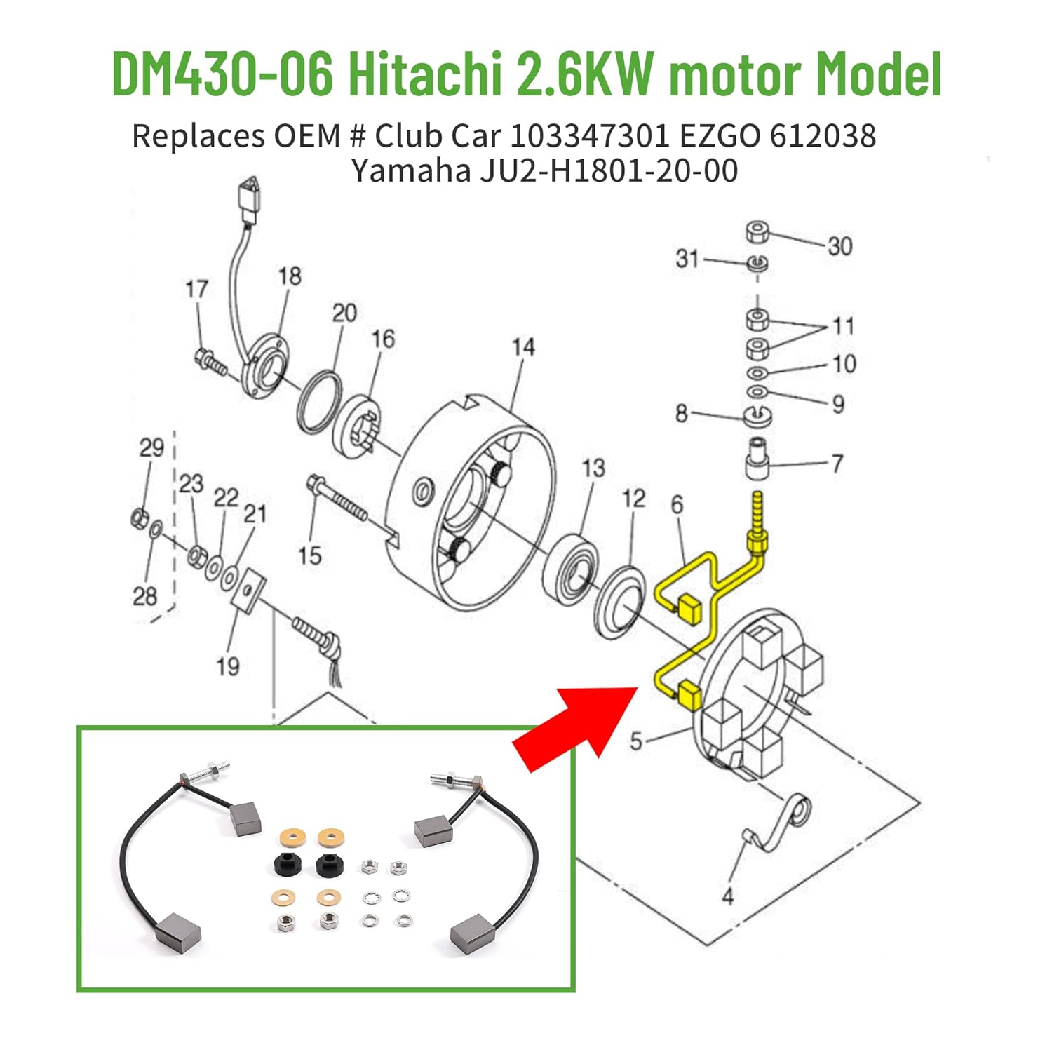 10L0L Golf Cart Advanced Starter/Generator Motor Brush Set Fits Club Car Precedent/Tempo, EZGO/Cushman/TEXTRON, Yamaha G14E/G16E/G19E/G20E/G21/G29 Replaces 103347301 612038 JU2-H1801-20-00