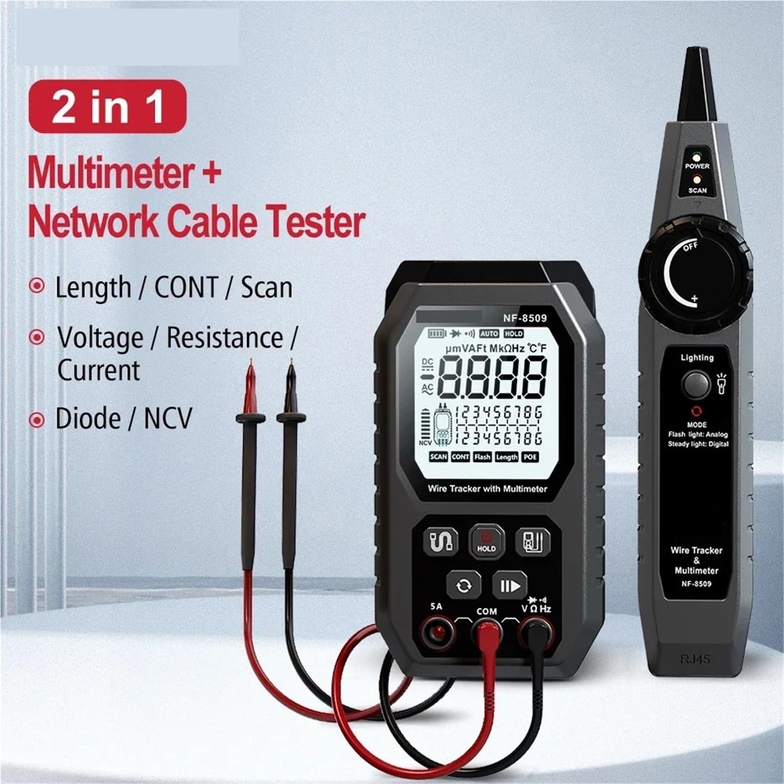 Tester for cavi di rete 2 in 1, multimetro digitale, rilevatore lunghezza, tester PoE Cat5 Cat6, test continuità Prove di trasmissione