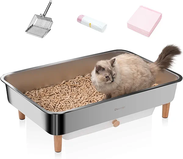 DOUNAPI Stainless Steel Sifting Litter Box for Pine Pellet Cat Litter Non Clumping Litter System with Dust Collecting Drawer