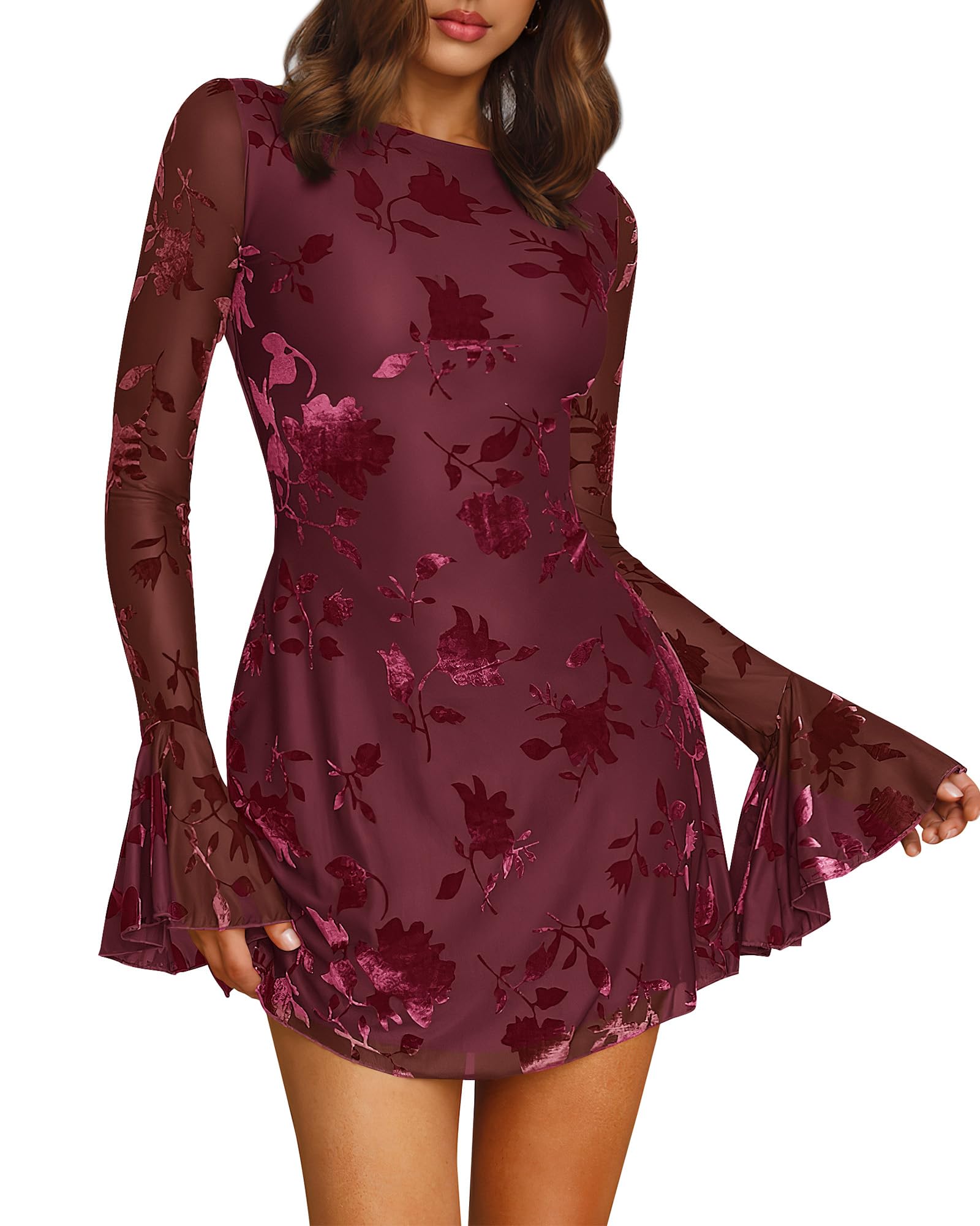 BTFBM Women Floral Wedding Guest Dress Fall 2025 Casual Long Sleeve Crew Neck Flowy Party Cocktail Mini Dresses