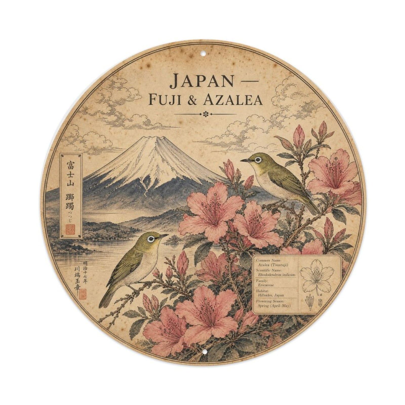 Olyhtr 8X8inch Classic Style Meiji Japan Fuji Azalea Ceramic Folk Pattern Metal Tin Sign