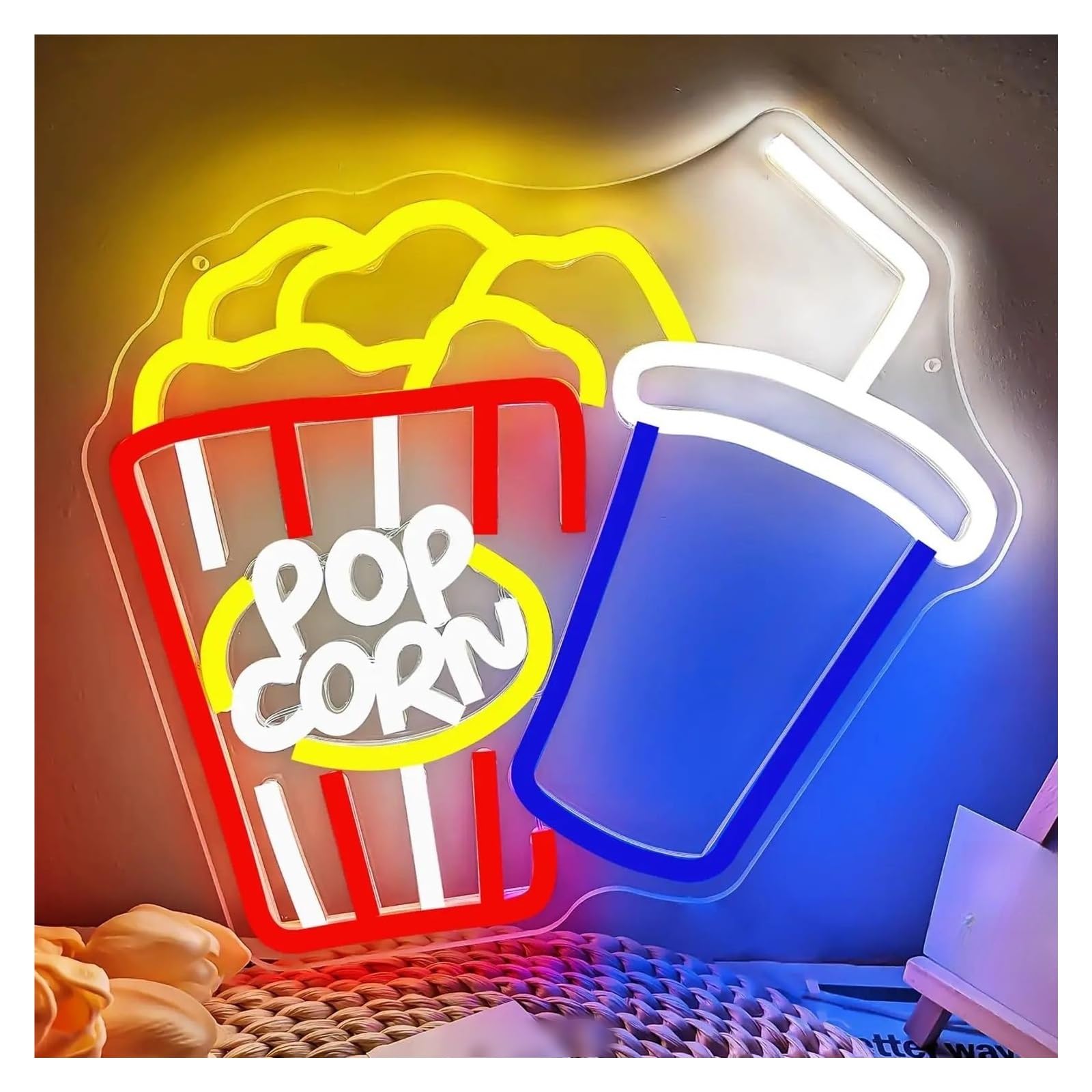 LEMST Sign Lamp Popcorn Box Neon Sign Room Decoration for Cinema Film Movie Home Theater Party Bar Club Bedroom 30cmх27cm