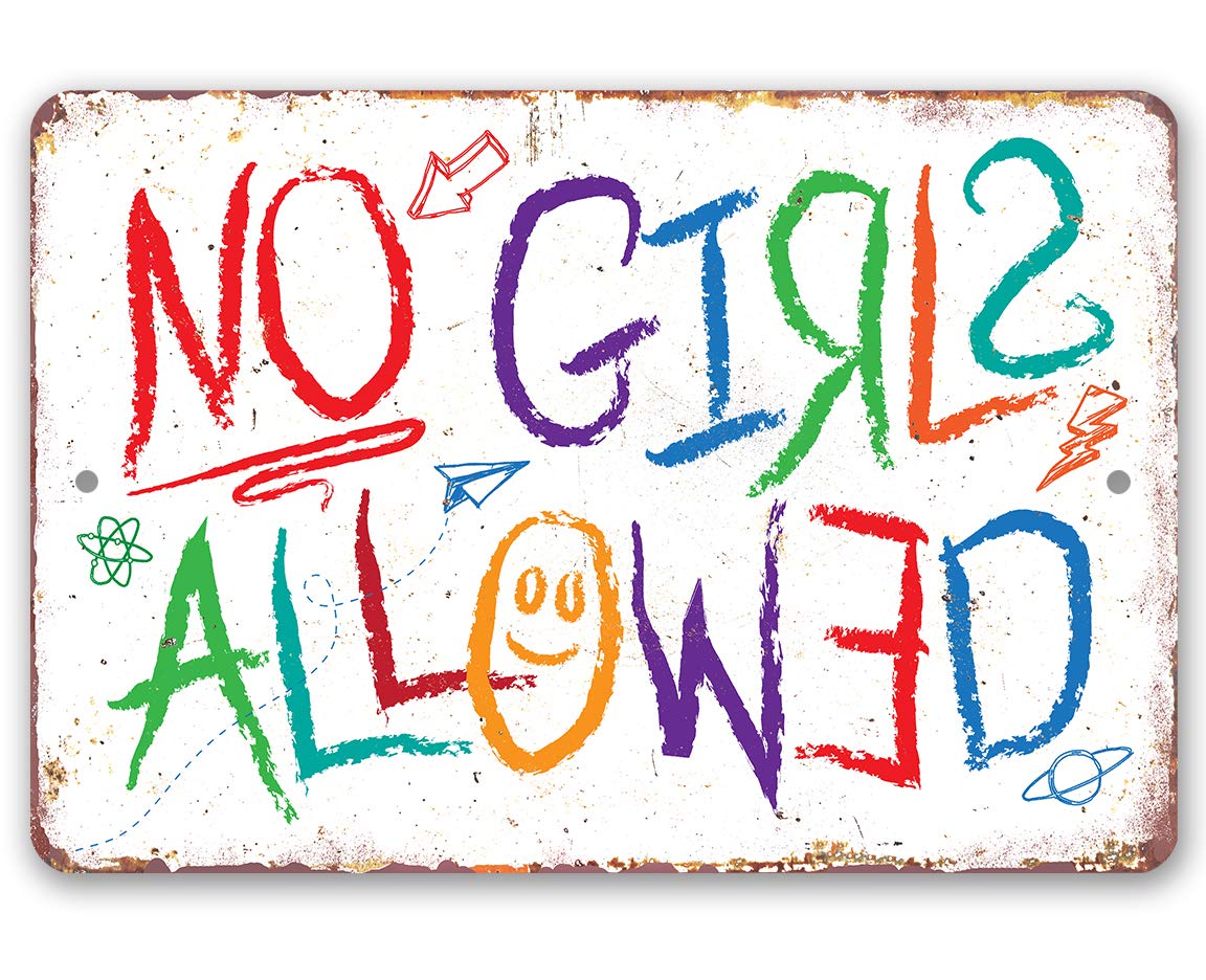 No Girls Allowed Sign - Great Playhouse and Treehouse Accessories, Tree House Decoration and Boys Bedroom Door Crayon Print Display, 12x18 Use Indoors