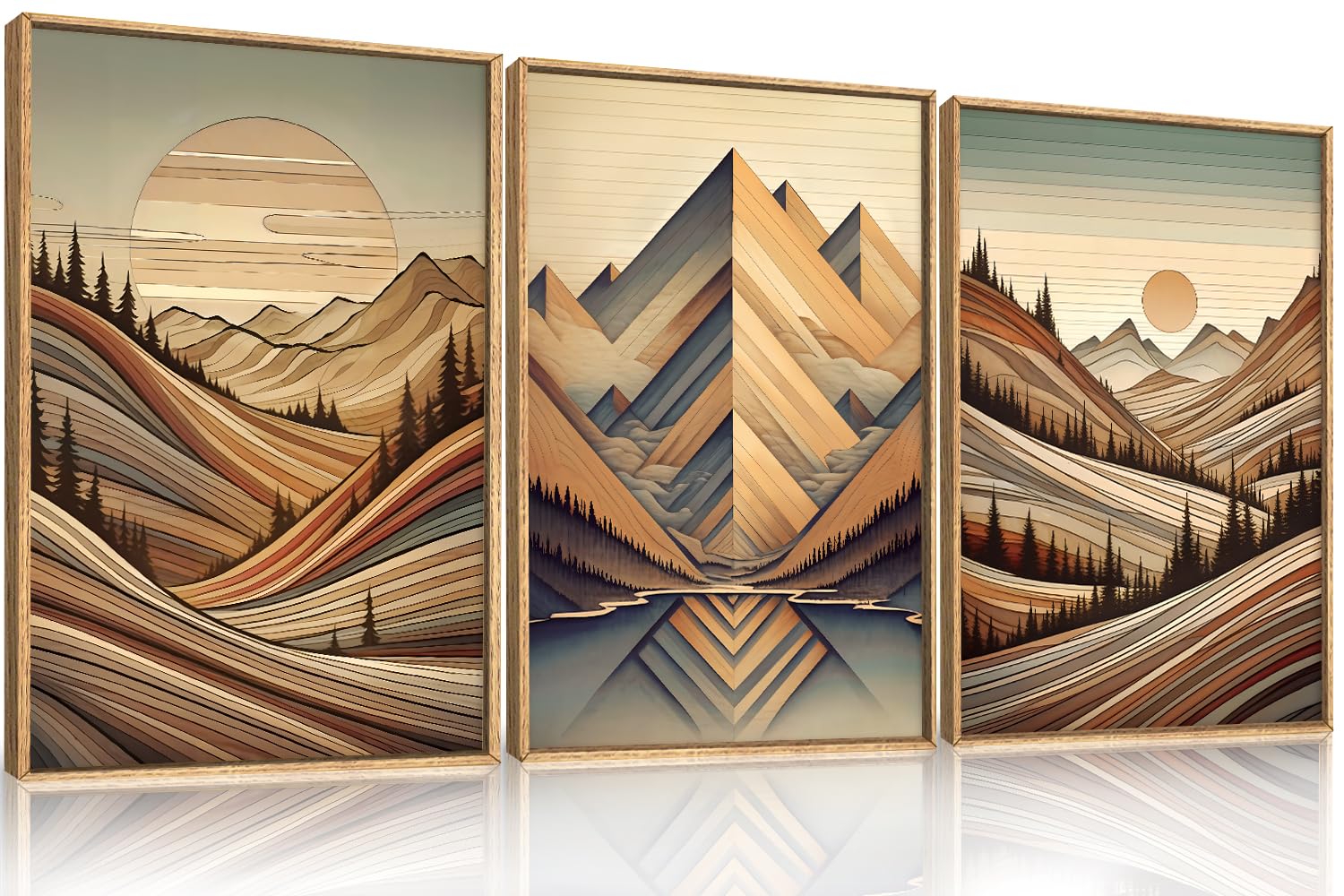 Large Vintage Woodcut Style Mountain Framed Canvas Wall Art,Mid Century Woodland Wall Decor,Boho Sunrise Forest Artwork,Modern Neutral Nature Art Print for Living Room,Bedroom,Office-16 x24 x3