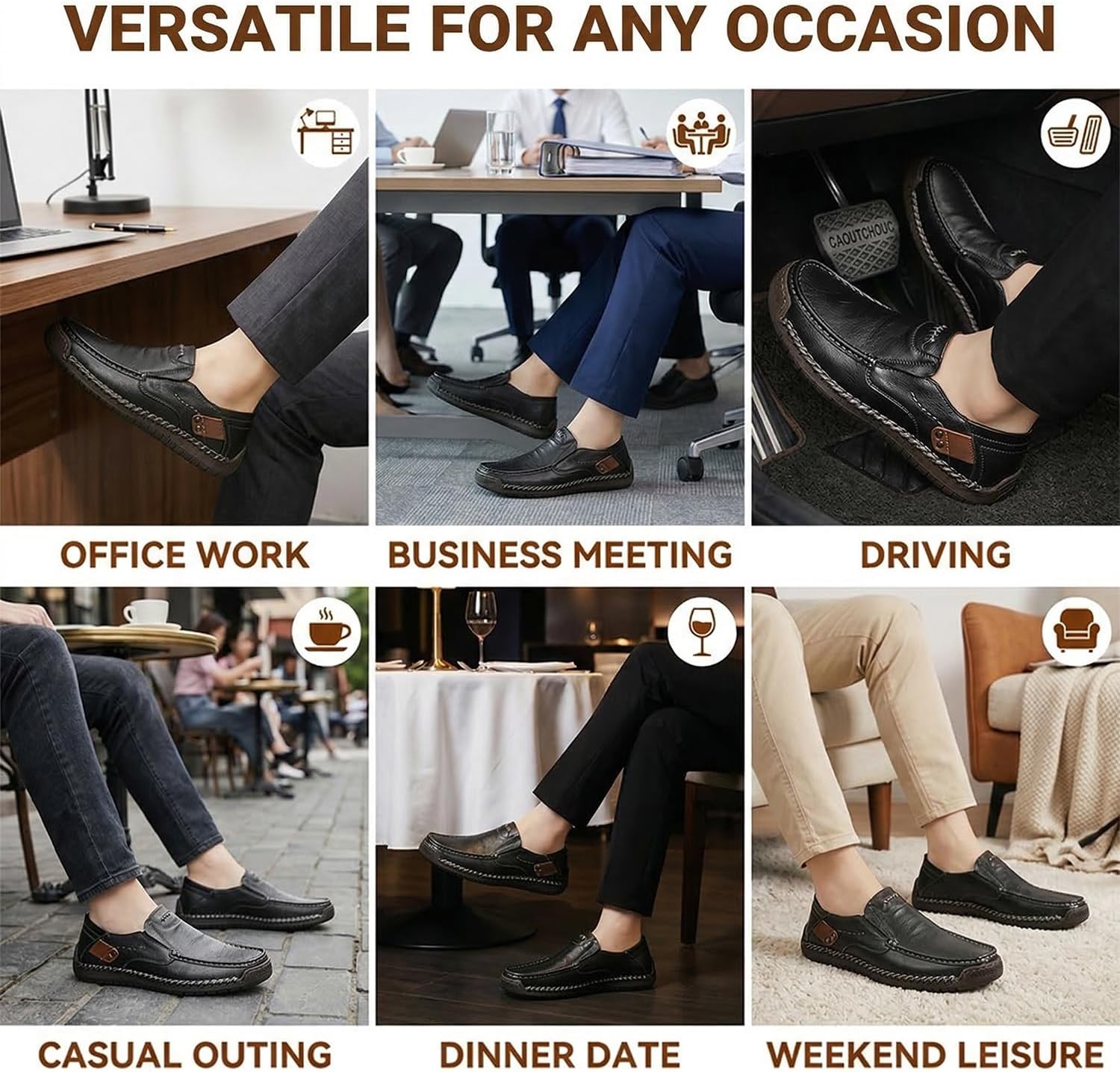 GREKS Men's Handmade Leather Slip-On Loafers, Casual Comfortable Breathable Driving Shoes