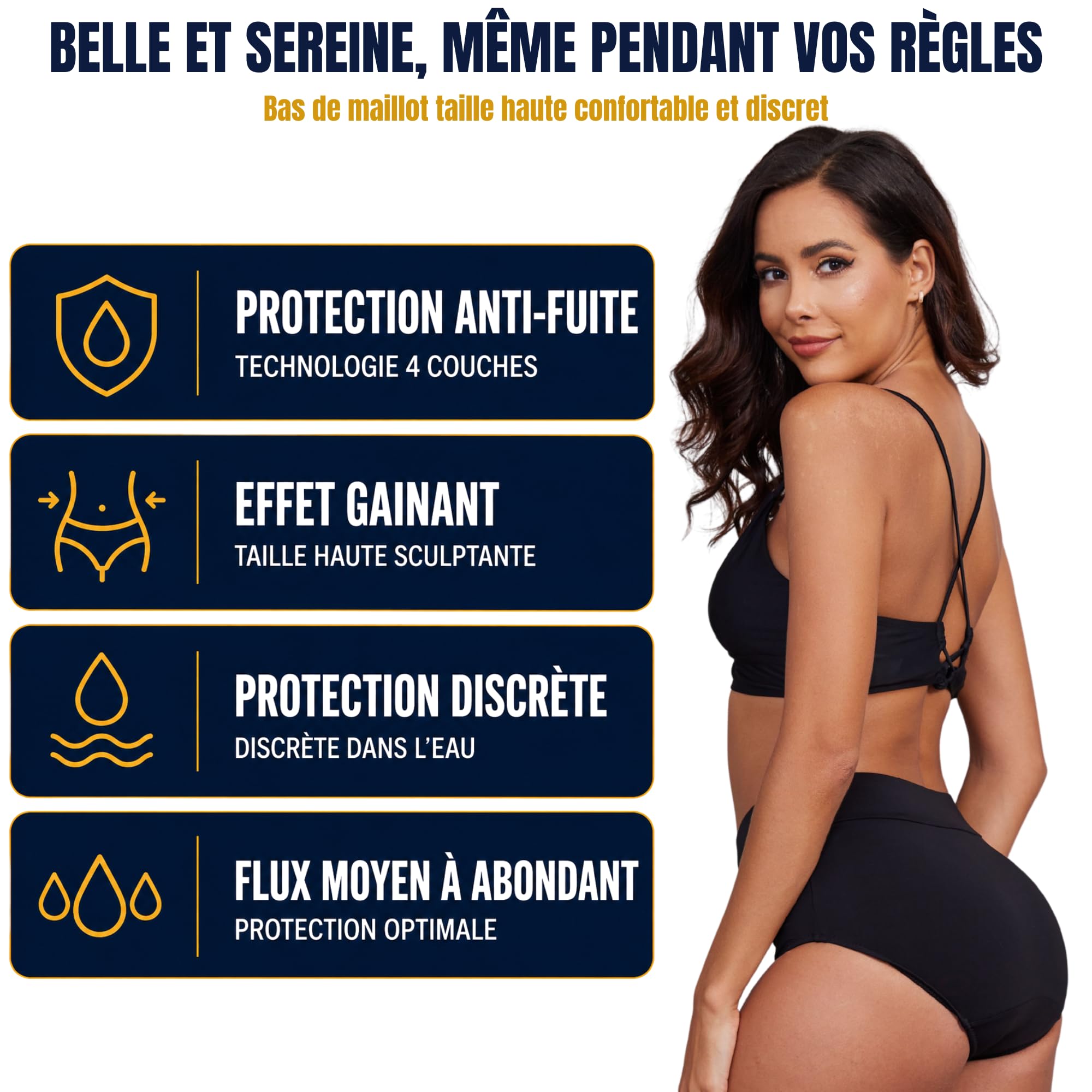 Maillot de Bain Menstruel - Bas de maillot taille haute Femme et Adolescente - Absorbant Anti-Fuite Effet Gainant - Culotte Menstruelle Piscine Flux Léger à Modéré - Bikini menstruelle Femme (XXL)