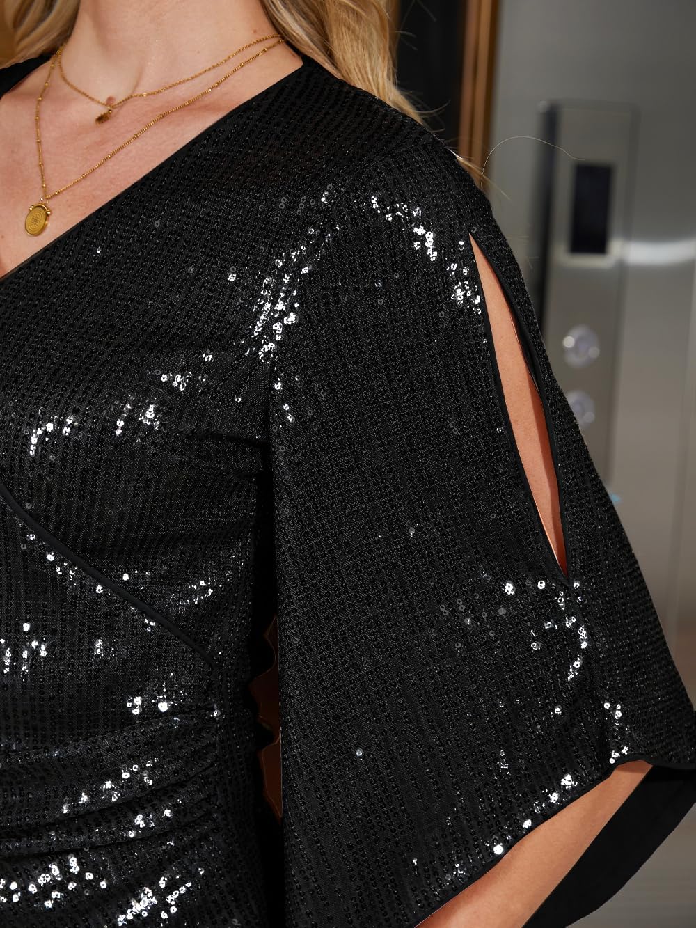 Women‘s Sequin Tops 3/4 Sleeve Glitter Sparkle V Neck Dressy Wrap Blouse Cocktail Evening Party Club Concert Shirt