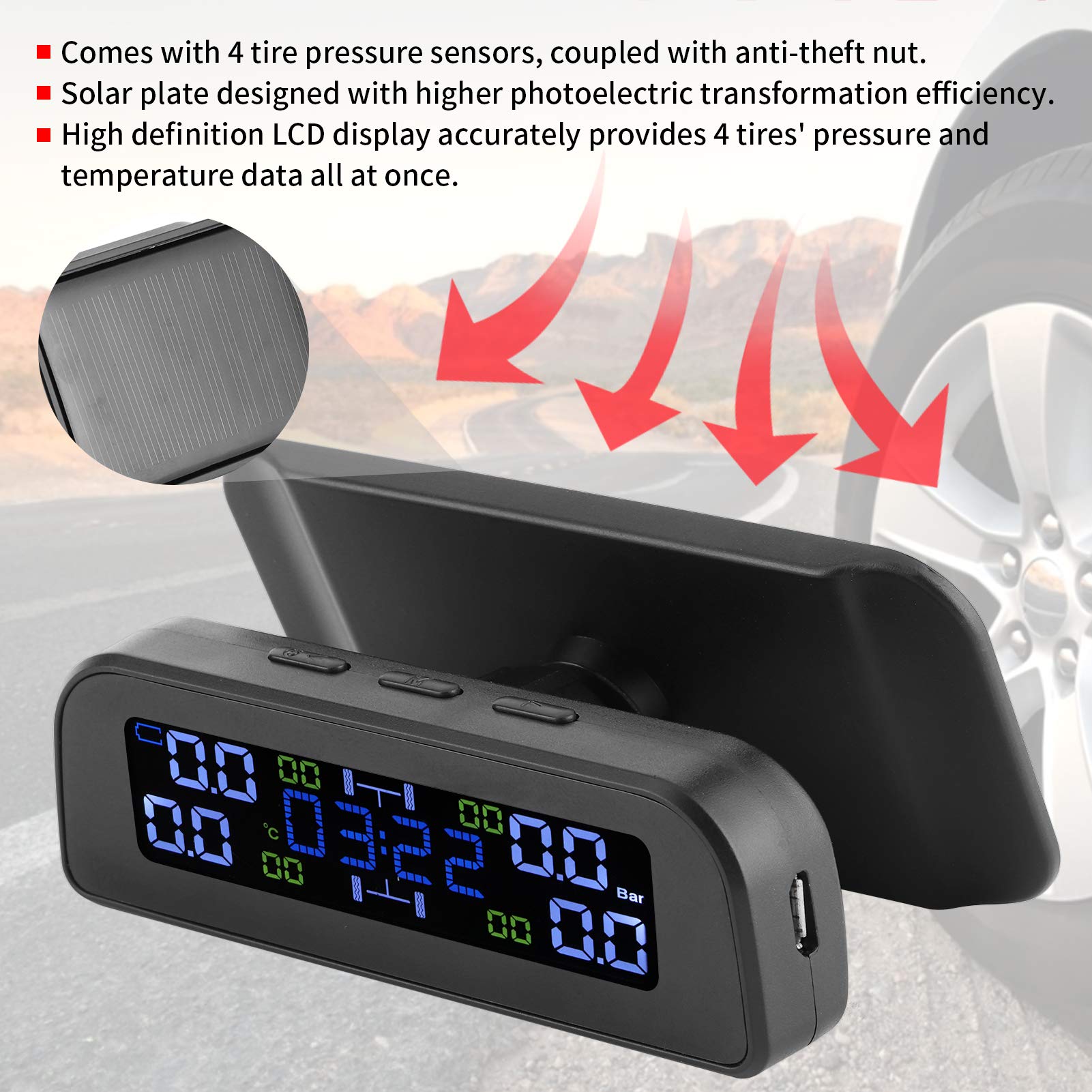 Sistemas de monitoreo de presión de neumáticos Pantalla LCD de Carga Solar TPMS para automóvil con Reloj con Sensor Externo diseñado