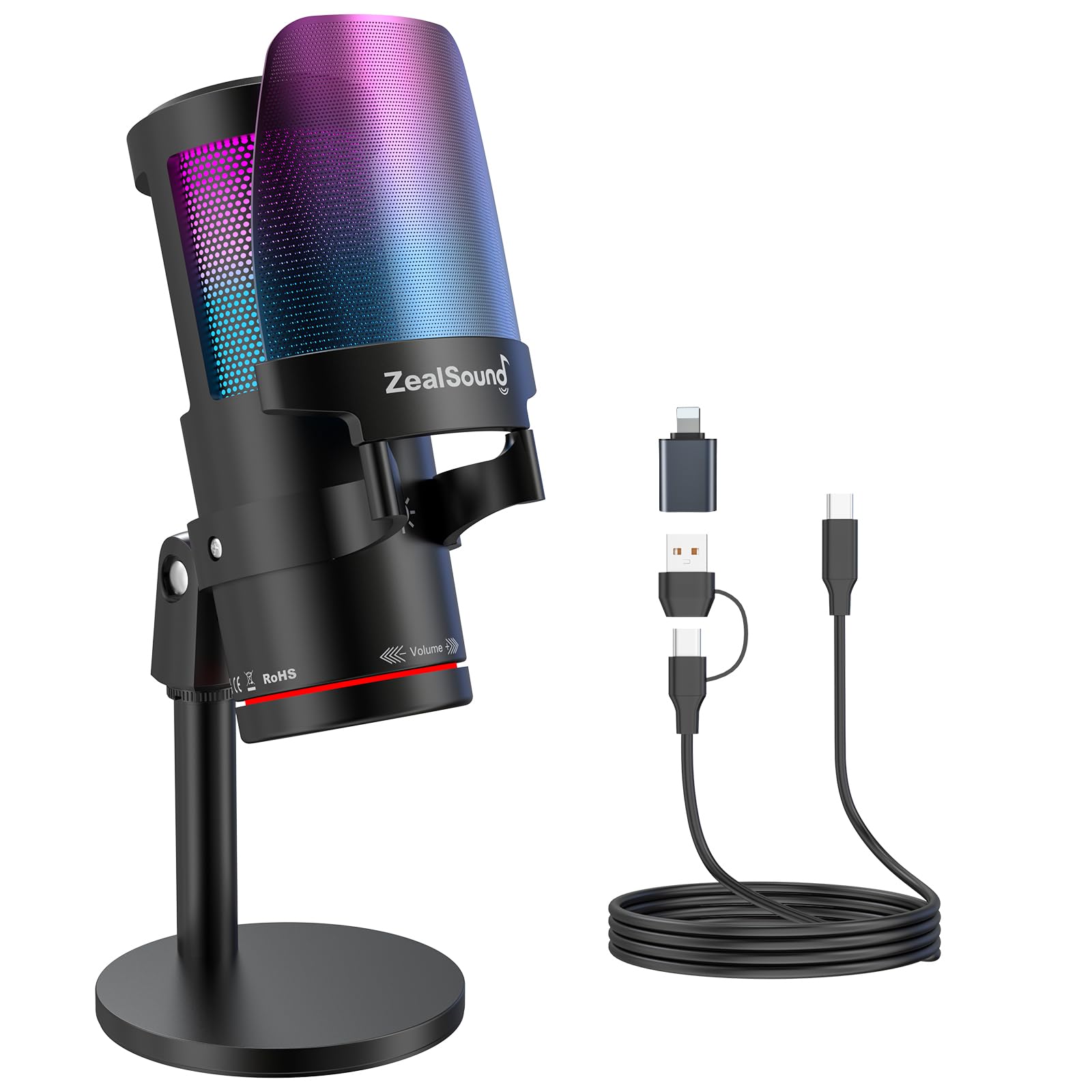 ZealSound USB microphone, Multi-pattern RGB Micro à condensateur pour PC MAC Ordinateur PS5 avec Bouton Muet, Lumière RGB, 4 pickup patterns, pour Enregistrements de groupe, Podcast, YouTuber, k66Plus