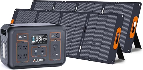 ALLWEI Generador solar de 2000 W (pico 4000 W) con 2 paneles solares de 200 W, estación de energía portátil de 2131 Wh, 6 PD100 W USB, 4 salidas de
