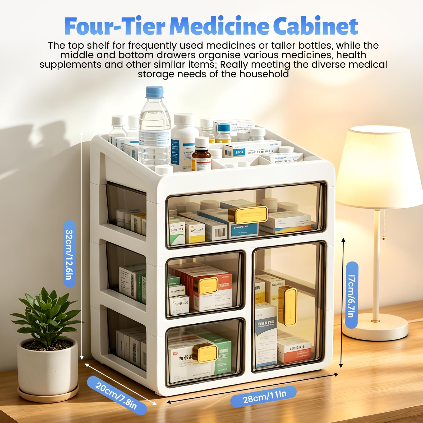 Boîte de Rangement à Quatre Tiroirs,Armoire Pharmacie en Plastique Blanc,Organiseur de Médicaments avec Tiroirs Transparents,Grand Rangement pour Medicaments et Petits Cosmétiques,pour Maison Bureau