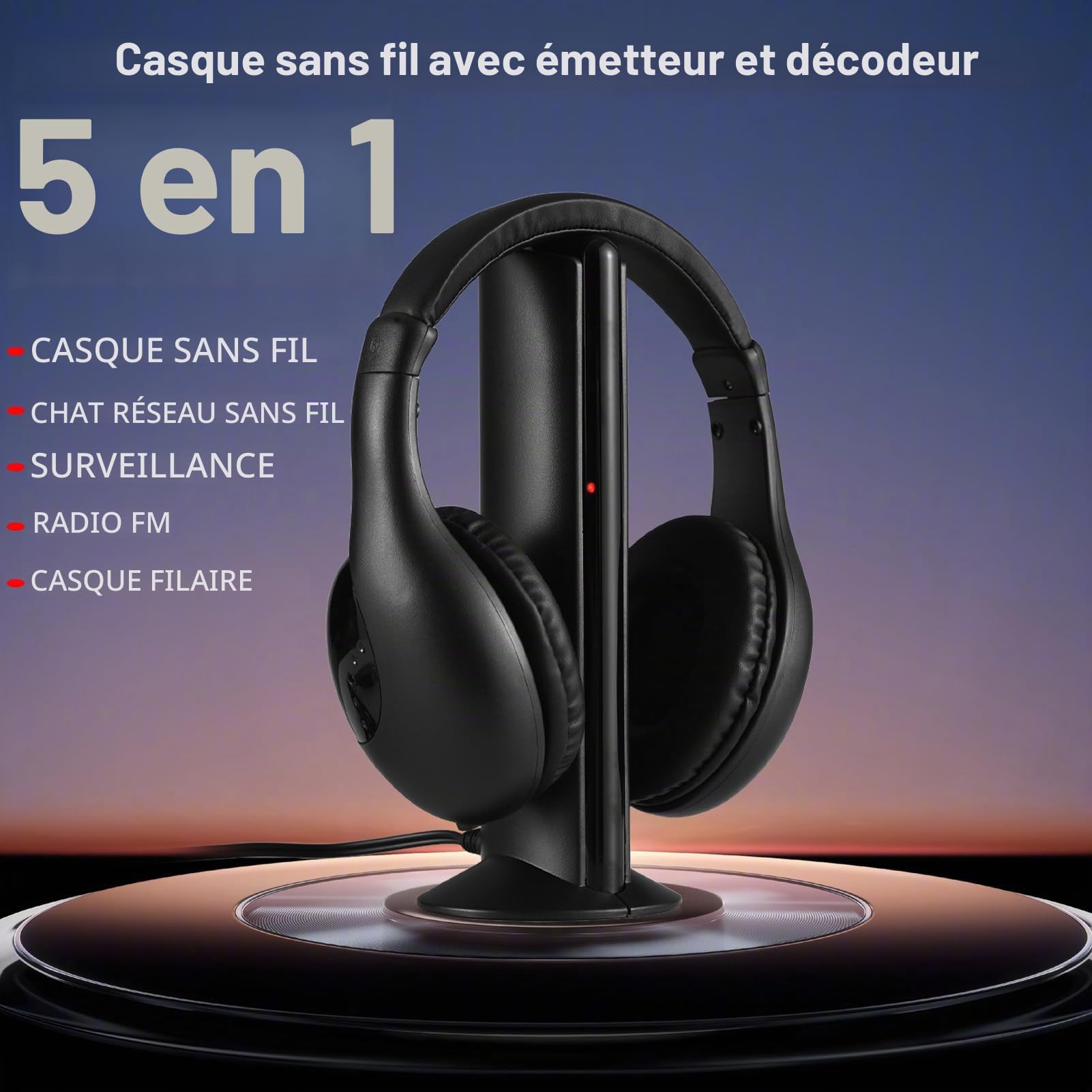Walmeck Casque sans Fil pour Regarder la Télévision avec émetteur et Décodeur 5 en 1 sur L'oreille, Portée sans Fil de 98 Pieds, Surveillance des Radios FM, Casque Filaire, émetteur