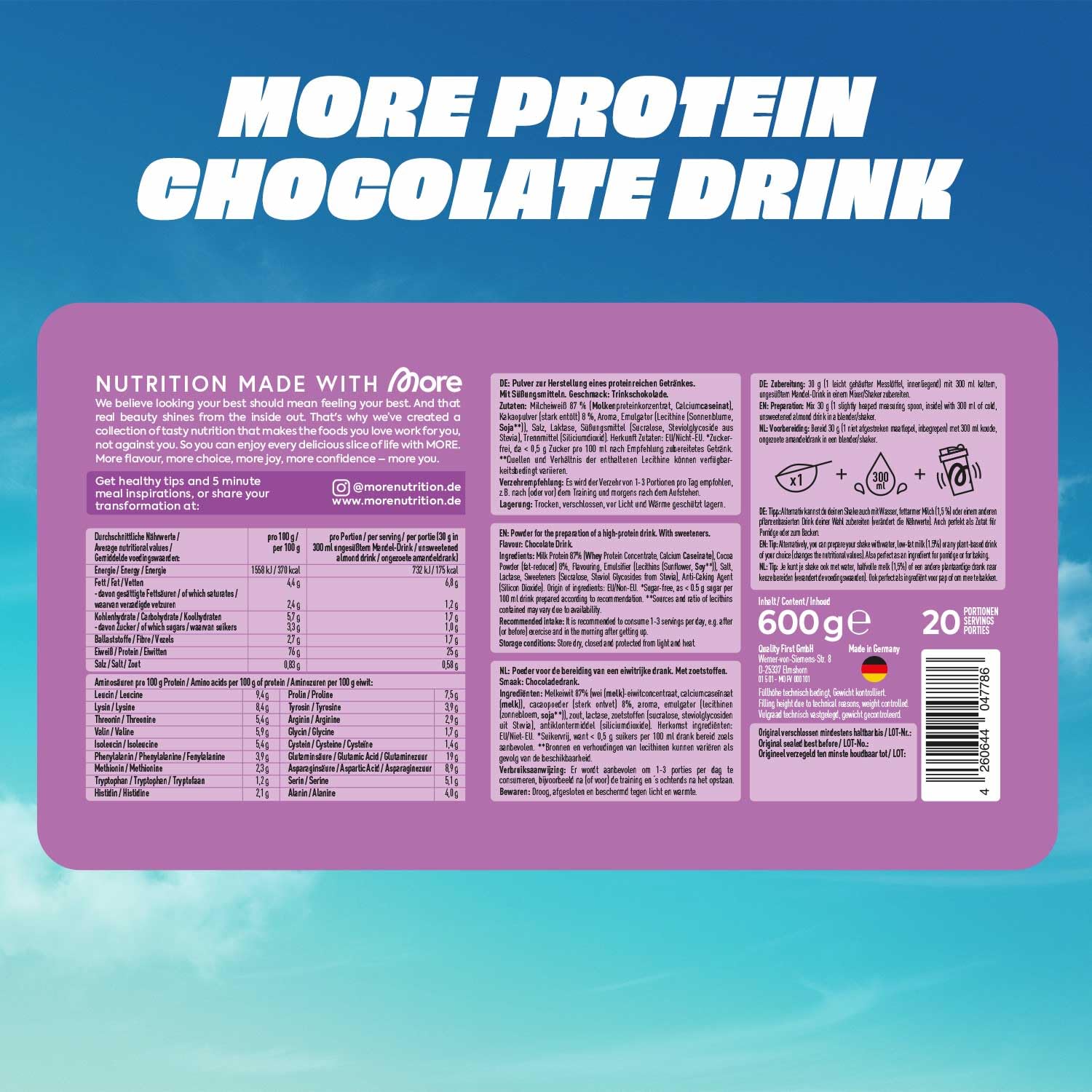 More Protein Chocolate Drink 2x600g 1,2kg 40 Portionen Mix aus Whey Konzentrat & Casein Ideal zum Aufbau und Erhalt der Muskulatur mit Lactase - Made in Germany
