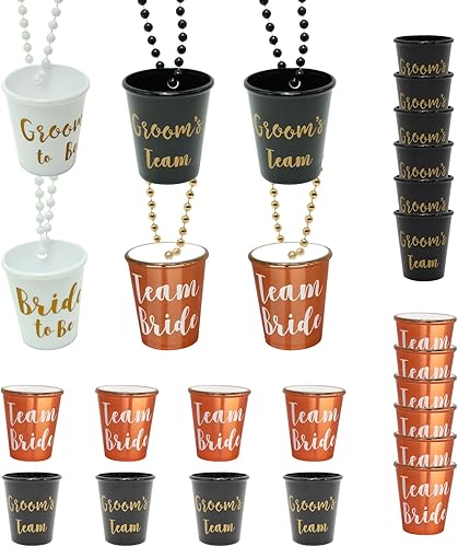 26 piezas de collar de cristal de chupito de novia del equipo novio y novia collar de plástico con cuentas con lámina dorada para despedida de