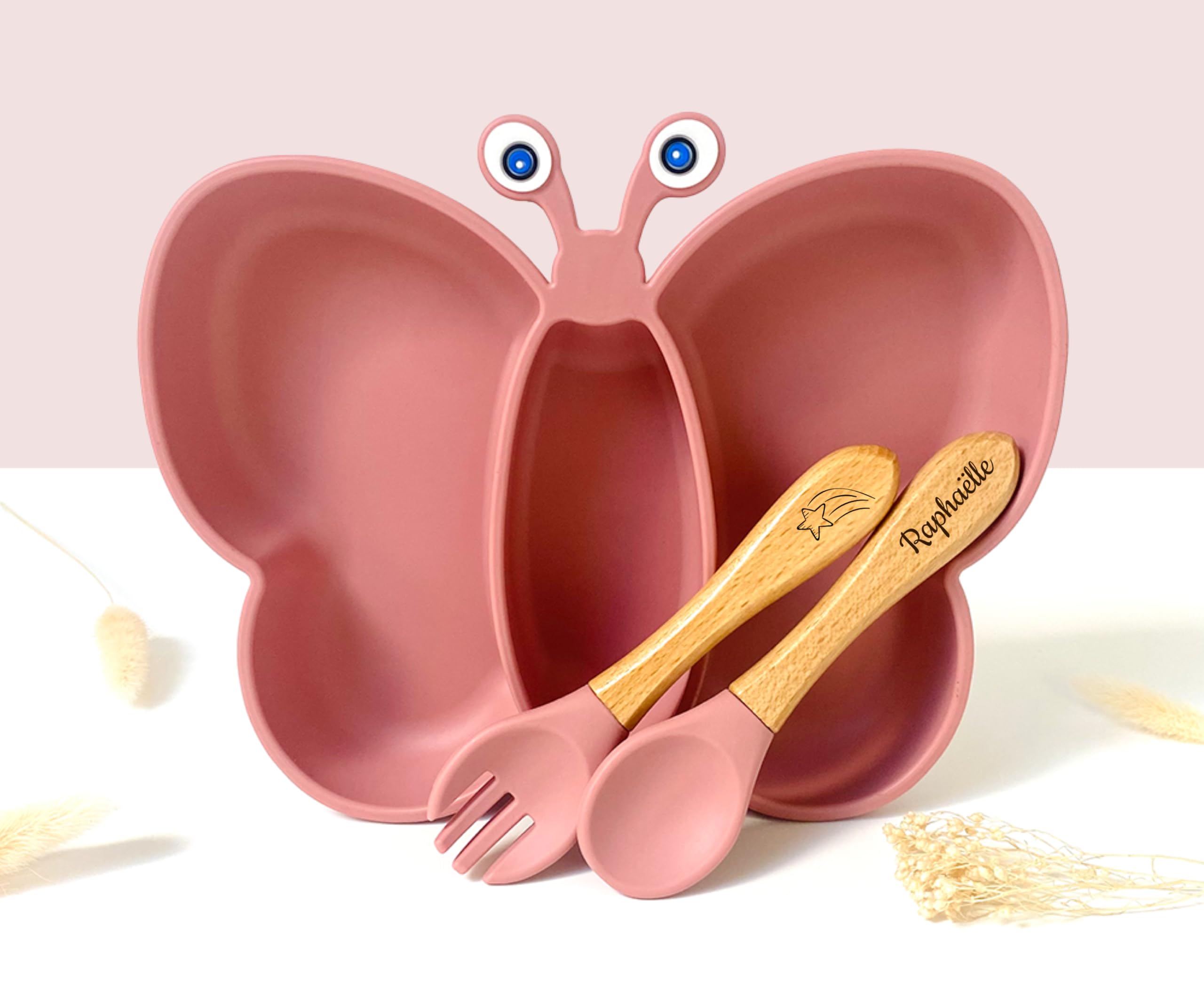 Ensemble repas pour enfant en papillon avec assiette à ventouse, couverts personnalisés - Idéal pour baptême, naissance et anniversaire - Cadeau original pour bébé - Kit coffret diner pratique