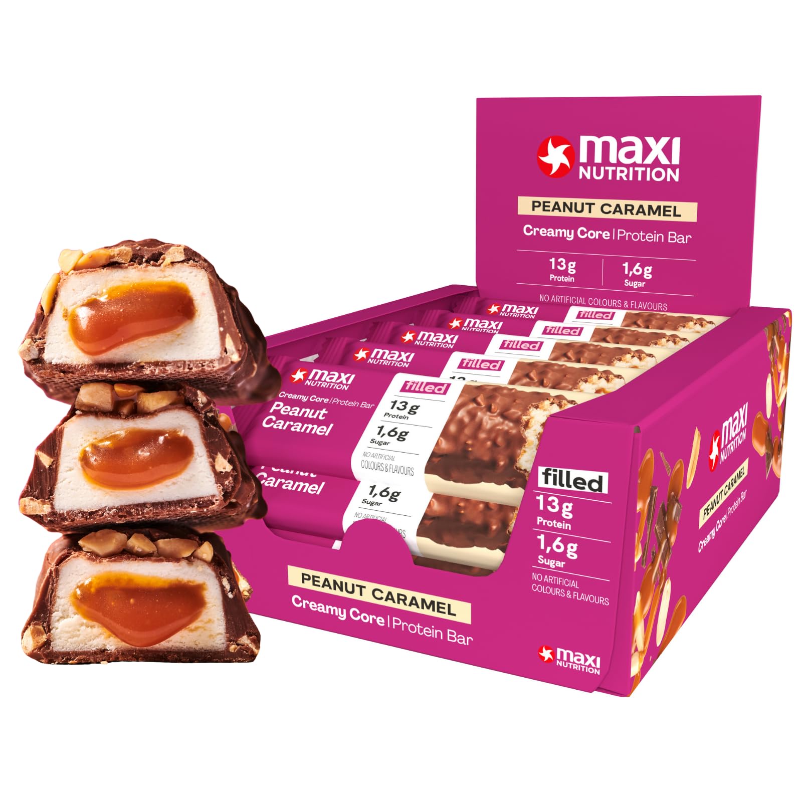 MaxiNutrition Creamy Core Protein Bar - Snack - Fat-Free, Low in Sugar - 15g Protein - Peanut Caramel, 182 kcal per Serving, 12 x 45g