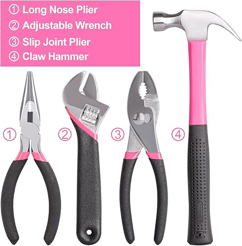 Vista 3 de THINKWORK Juego de herramientas rosa de 122 piezas con destornillador eléctrico giratorio de 3.6 V, kit de herramientas para el hogar para mujeres