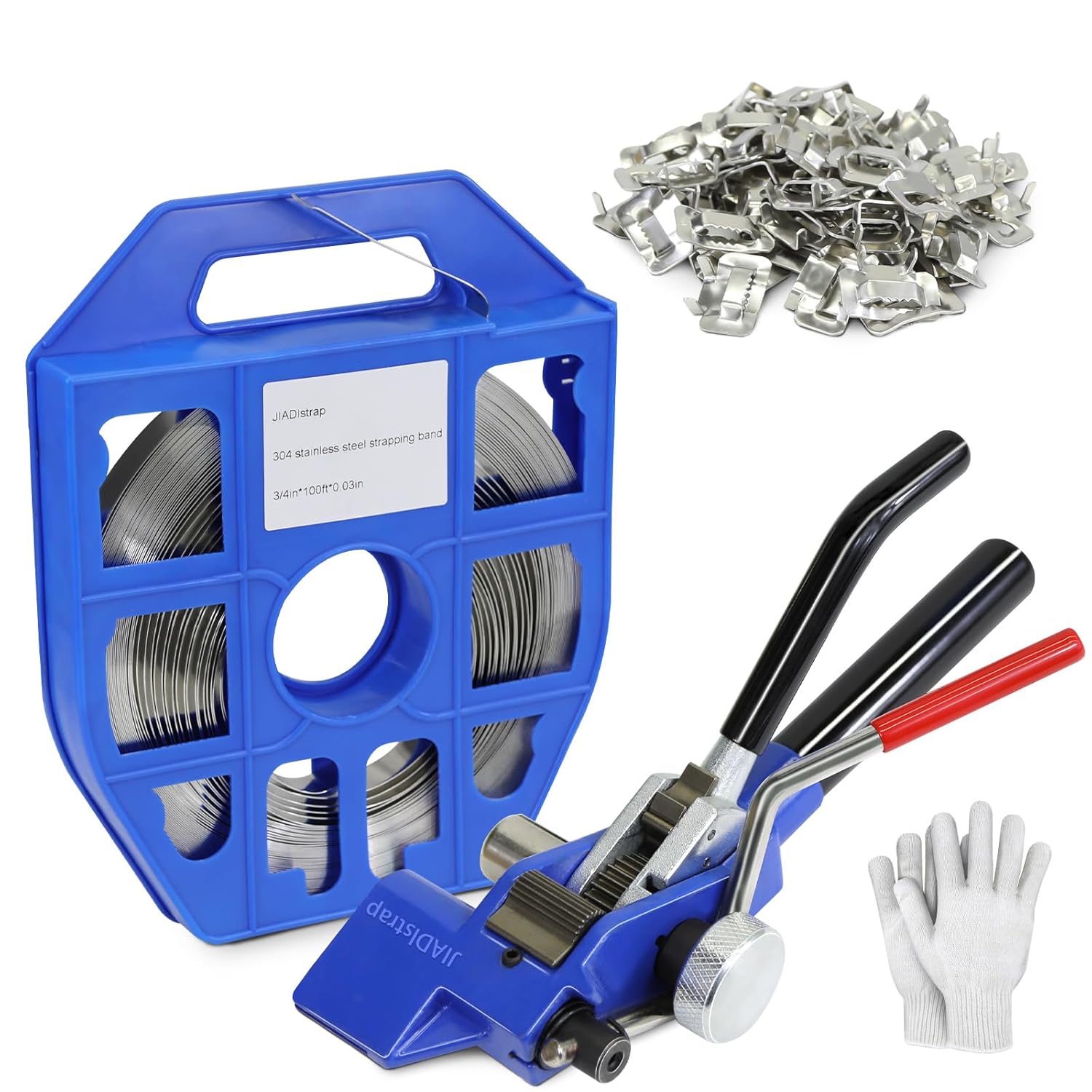 Heavy Duty Banding Strapping kit Contain 5/8"x 1000' Polyester (PET) Packaging Straps & 200 Metal Seals 100 Plastic Edge Protectors Tensioner with Cutter Sealer Tool