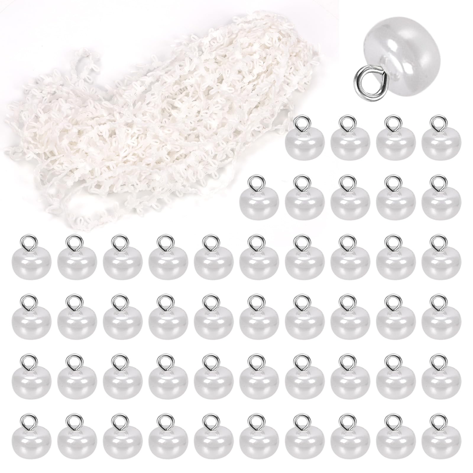 Sweet 20Yard Braid Trim with Elastic Loop and 50Pcs White Pearl Buttons Kit - Stretch Band Embellishment Cord with Buttonhole for Costume Crafts