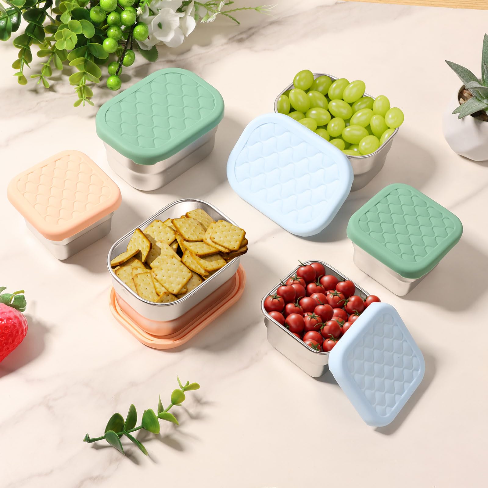 QINGLANG 6Pcs Stainless Steel Food Containers with Lids Small Snack Box Meal Prep Boxes Salad Dressing Container Reusable Leakproof Snack Pots Lunch Snacks Containers for Yogurt Salad Sauce