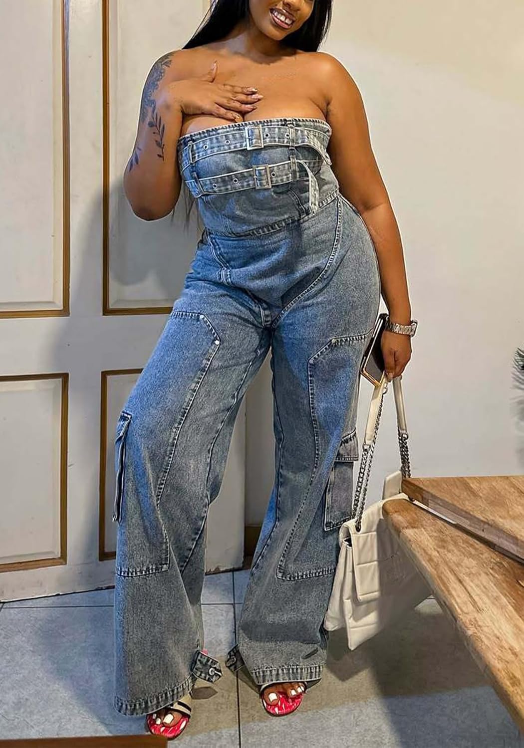Tbahhir Denim Jumpsuit for Women Casual Off Shoulder Sleeveless Romper Wide Leg Overalls Tube Cargo Jean Pants - Image 4