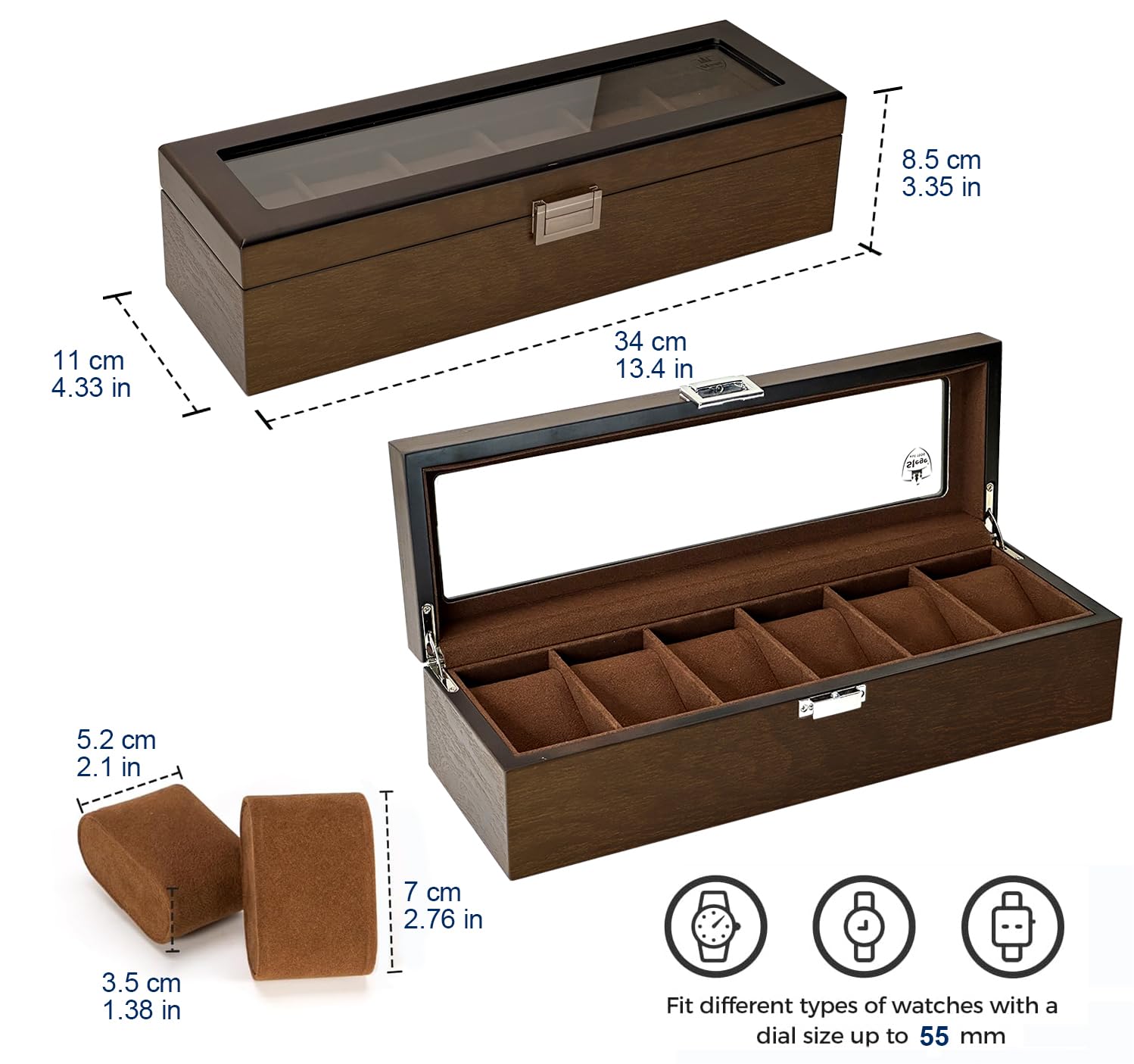 Slege Uhrenbox aus Holz mit 6 Fächern,Uhrenetui für Herren,komplett mit Samt Ausgekleidet,Uhrenhalter Glasplatte & Uhrenkissen,Uhrengehäuse-Organizer als Geschenk für Herren und Damen(Braun) Watch Box