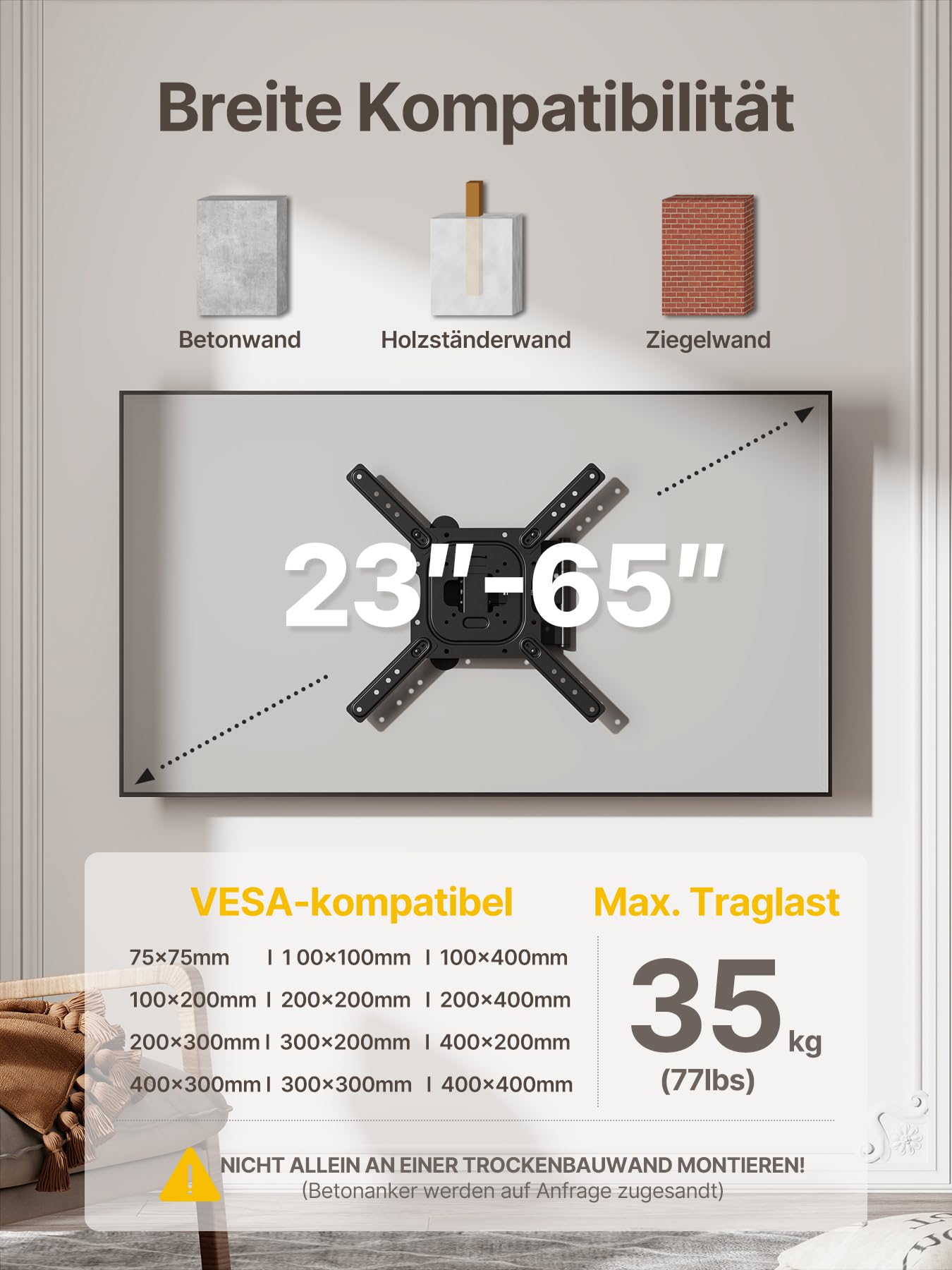monTEK Supporto da parete per TV da 23-65 pollici o monitor fino a 35 kg, orientabile e inclinabile, con estensione da 423 mm, supporto da parete universale, VESA 400 x 400 mm