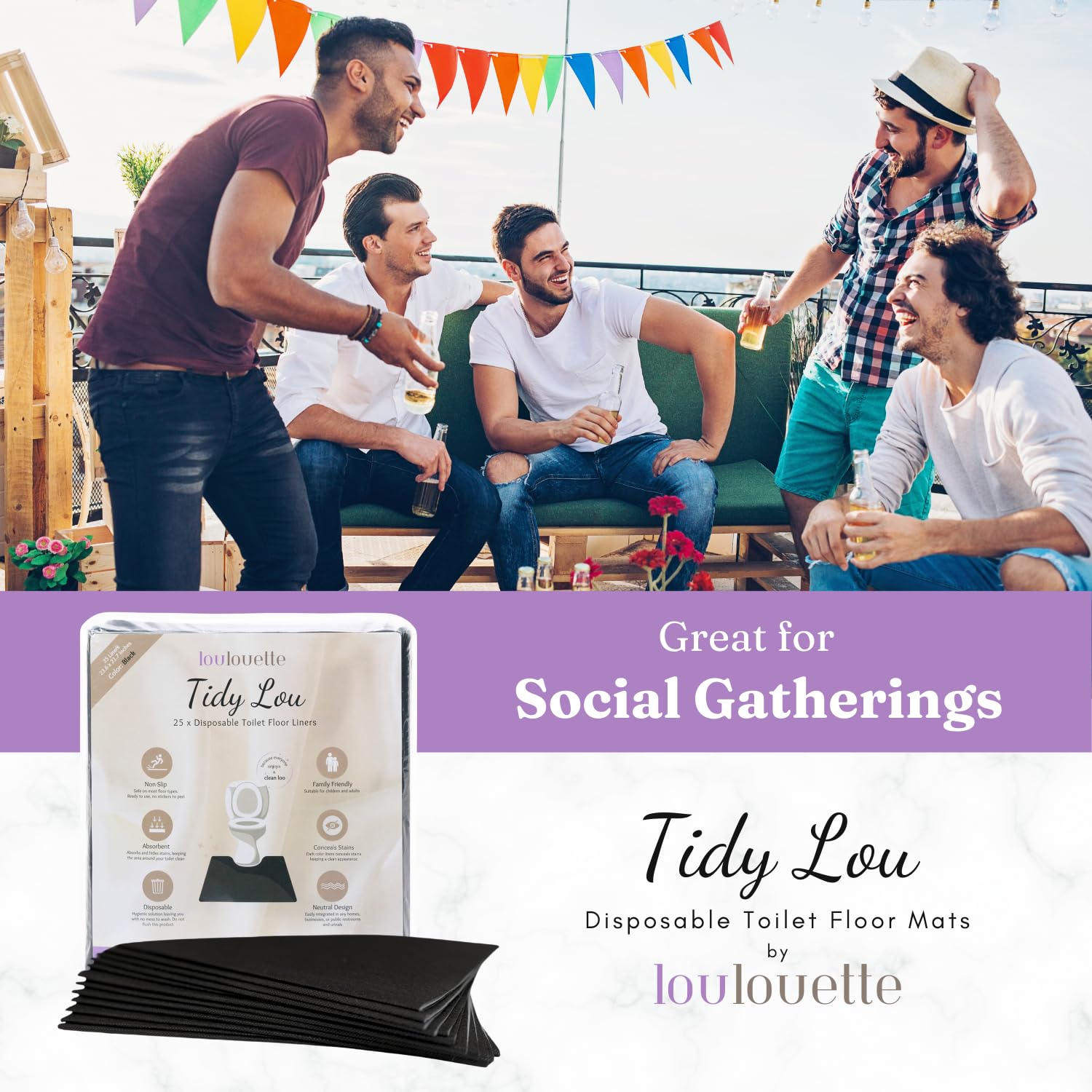 Tidy Lou Disposable Toilet Mats for a Hygienic & Stress-Free Home Bathroom Experience – Great for Children & Adults – Conceals Stains (Black), Absorbent, Non-Slip, U-Shape, Catches Dust/Hair - 25 Pack - Image 6