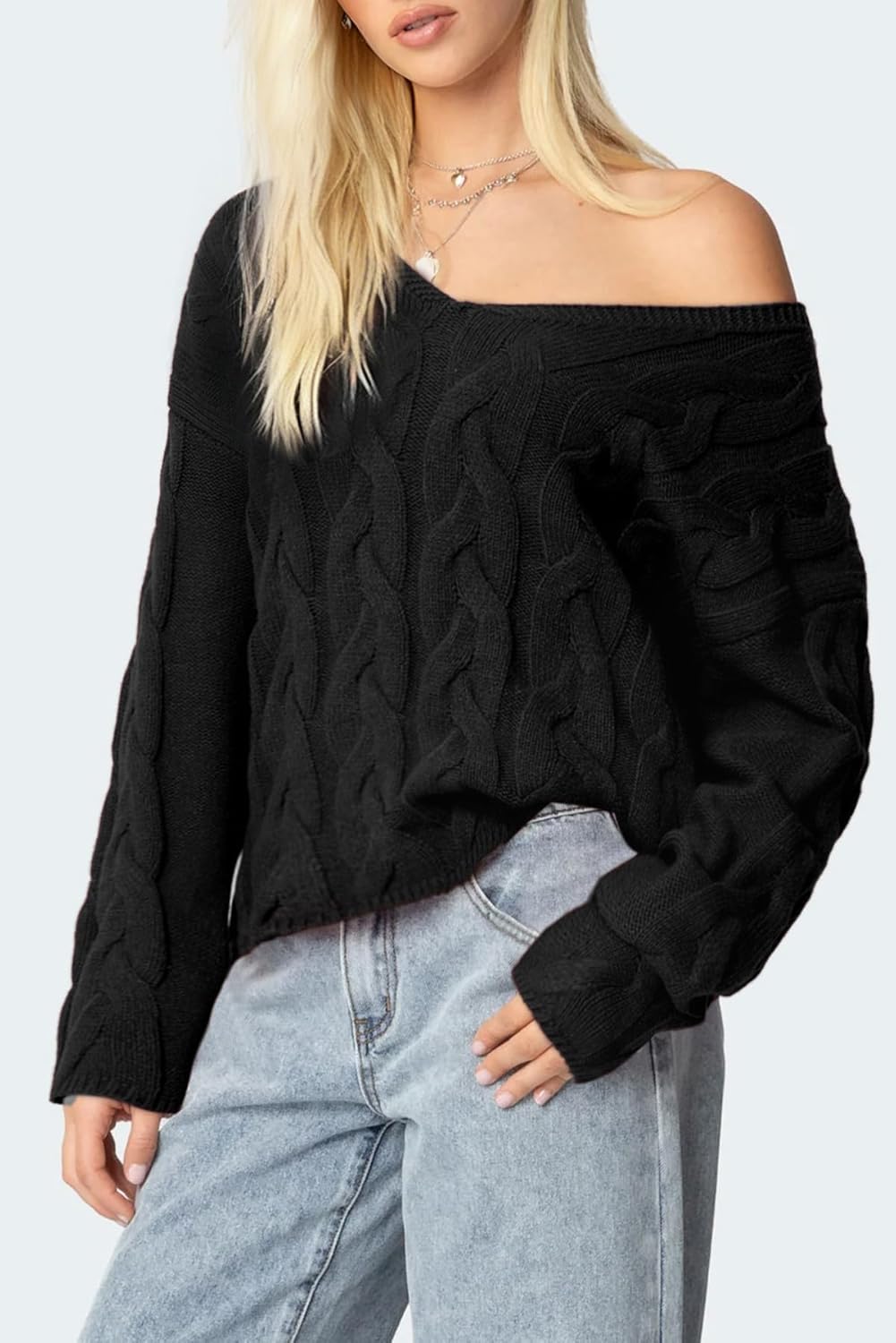 SUUKSESS Women Oversized Cable Sweaters V Neck Long Sleeve Knit Trendy Outfits - Image 5